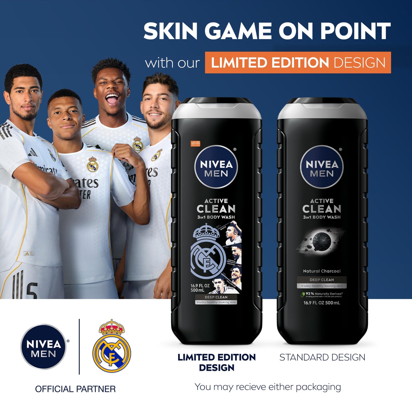 NIVEA MEN Real Madrid Limited Edition Design Active Clean Body Wash with Natural Charcoal for Normal to Oily Skin, 3-in-1 Charcoal Body Wash, Face Beauty & Personal Care NIVEA MEN