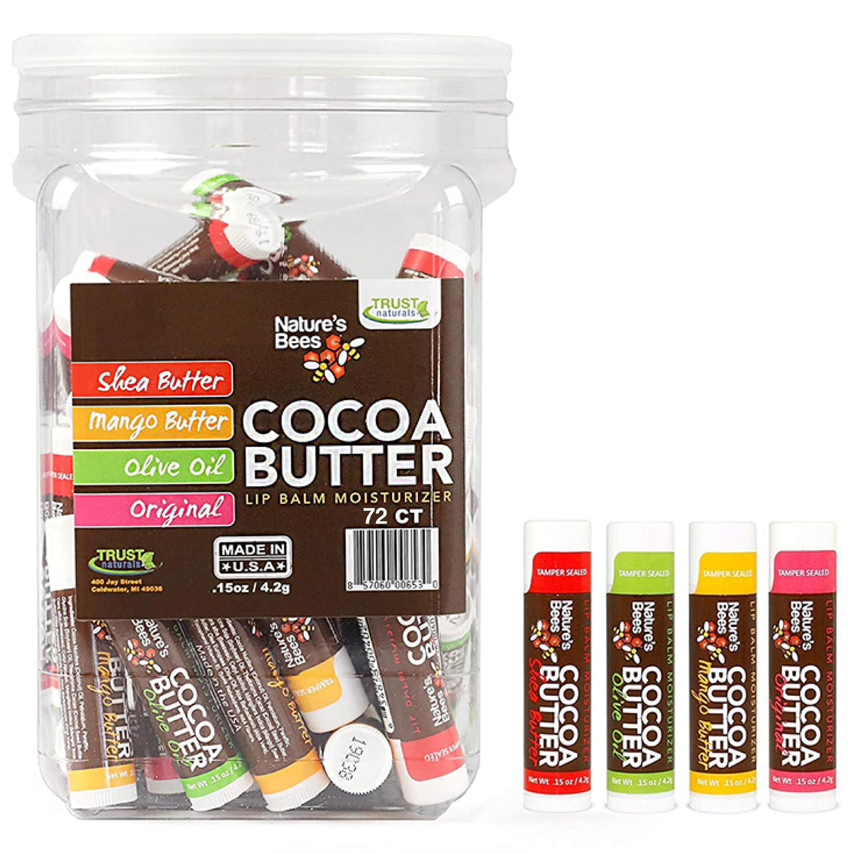 Nature's Bees, Cocoa Butter Lip Balms, Lip Moisturizer Treatment - Pack of 72, (Original Variety Assortments - Original, Olive Oil, Mango Butter, Shea Beauty & Personal Care Nature’s Bees