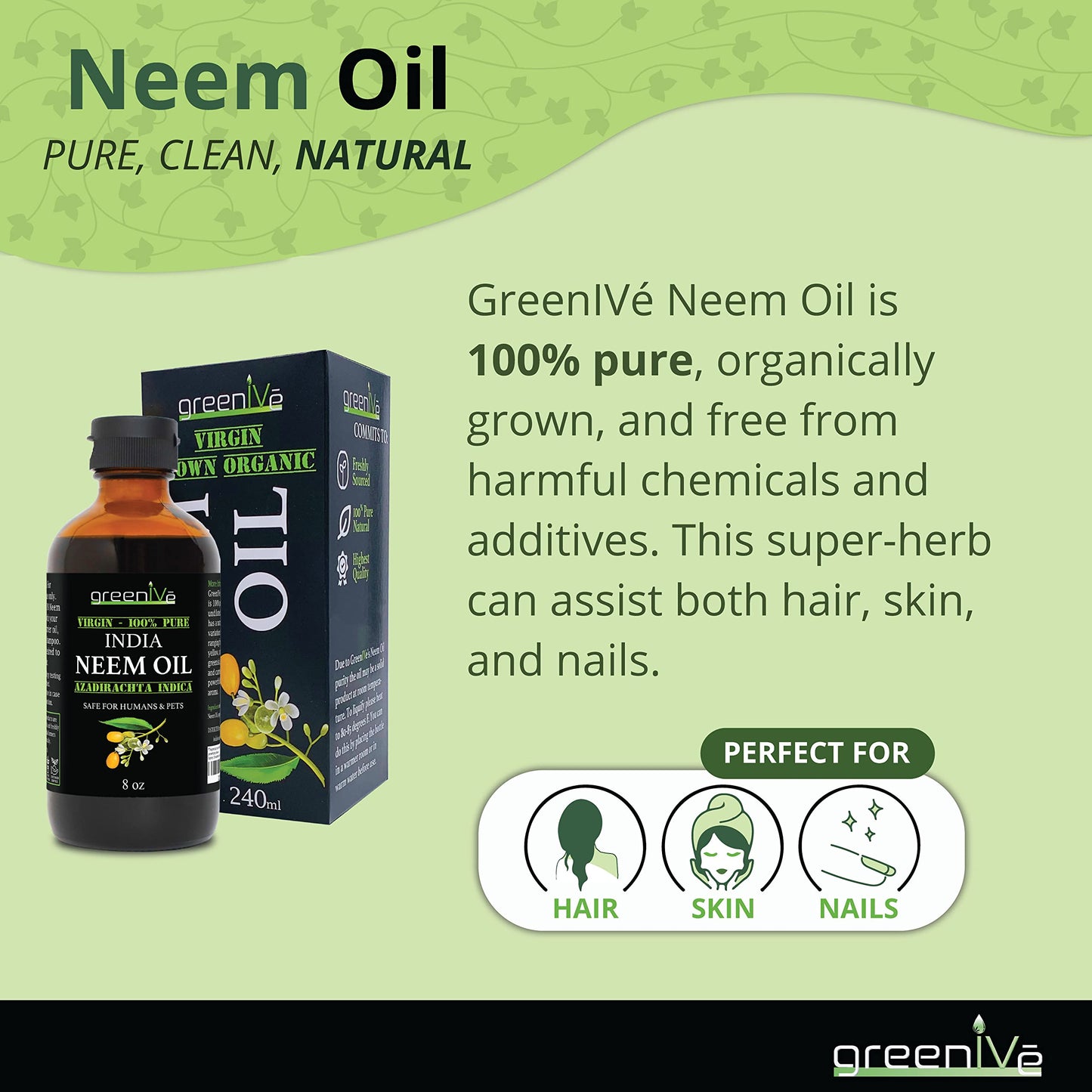 GreenIVe 100% Organically Grown Neem Oil, Cold-Pressed Virgin, Pure & Natural, 32 oz - Ideal for Gardening, Skin Care, Hair Care & Pet Care Beauty & Personal Care GreenIVe