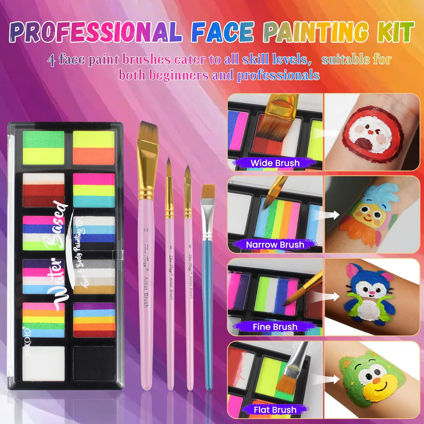 Water Activated Face Paint, Highly Pigmented Facepaint Makeup Kit, Quick-Drying Body Paint for Adults, Split Cake Face Paint with 4 Paint Brushes Beauty & Personal Care BRIMFULITE