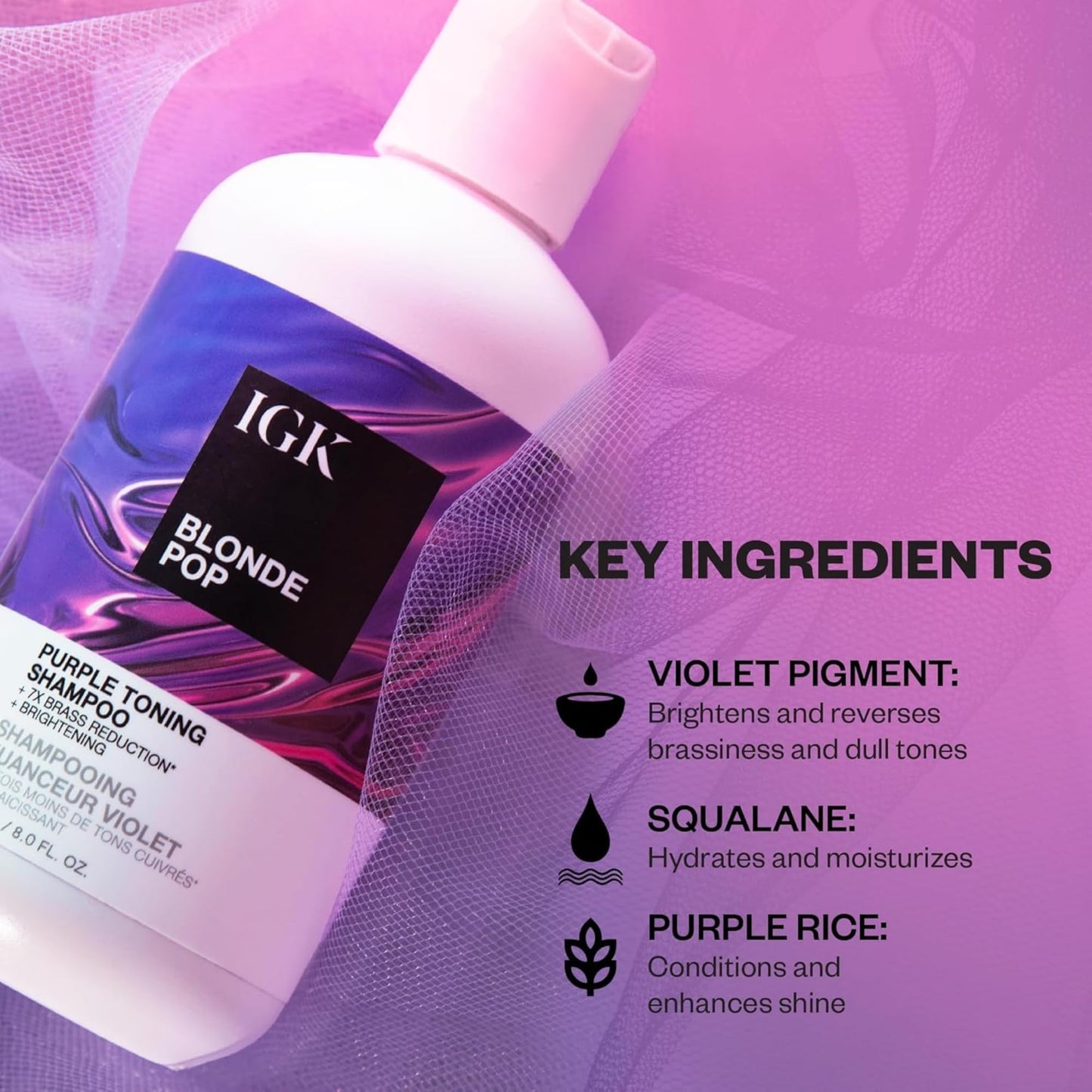 IGK BLONDE POP Purple Toning Shampoo & Conditioner Set | Neutralizes Brass + Brightens Blonde | Vegan + Cruelty-Free | 8 oz (Pack of 2) Beauty & Personal Care IGK