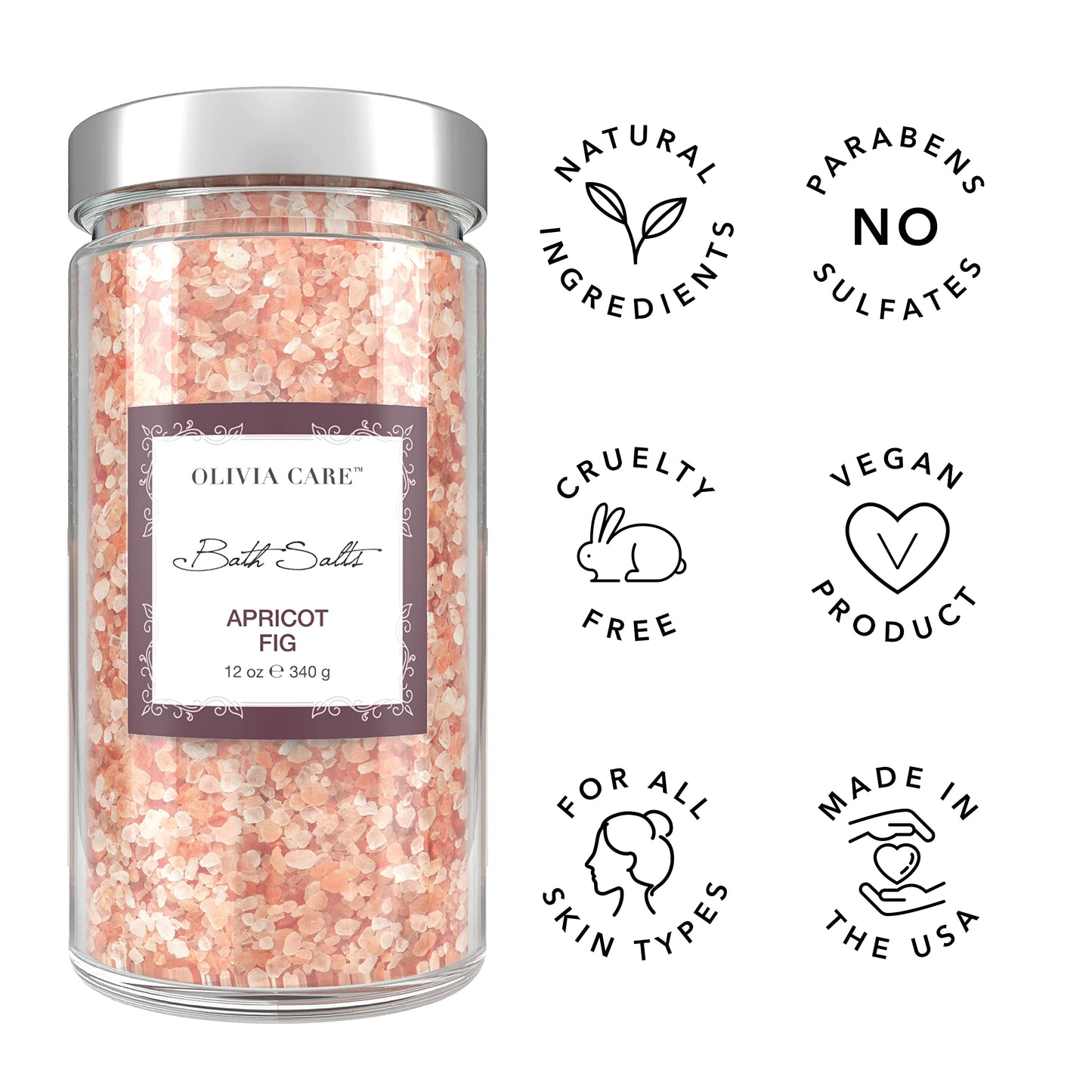 Olivia Care Pink Himalayan Bath Salts with Apricot Fig - Relieves & Relax Muscles. Exfoliate, Heal, Rejuvenate, Cleansing & Soothes Skin - Made Beauty and Personal Care Olivia Care