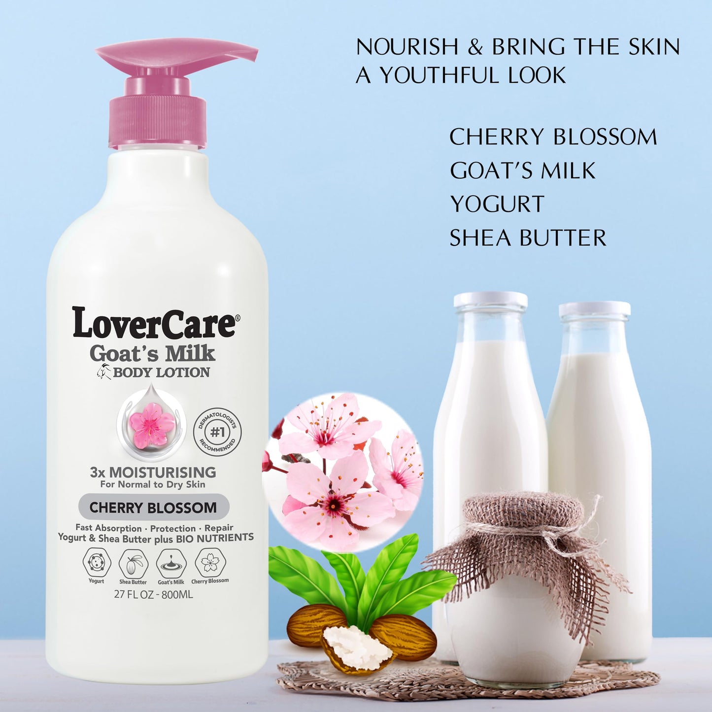 Lovercare Goat Milk Body Lotion for Dry Skin Cherry Blossom 27.05oz (800ml) - Single… Beauty & Personal Care Lover's Care