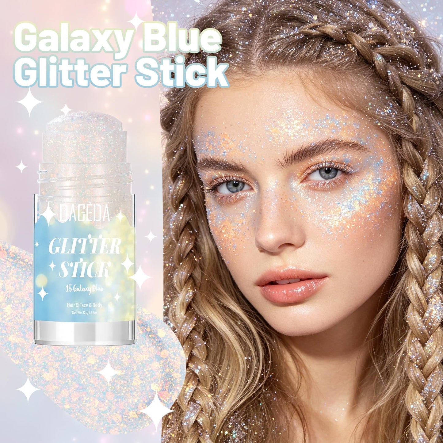 DAGEDA Galaxy Blue Body Glitter Stick,Sparkly Hair Face Glitter Makeup for Women Rave Outfit Accessories,Holographic Mermaid Glitters Face Paint Stick Beauty and Personal Care DAGEDA