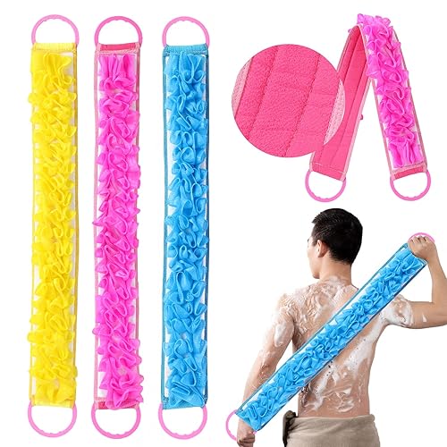 3 PACK Double-Sided Lace Cloth Back Loofah Scrubber Bath Scrub Shower Sponge Long Exfoliating Back Scrubber Scratcher Strap With Handle, Cream Skin Beauty & Personal Care Angla