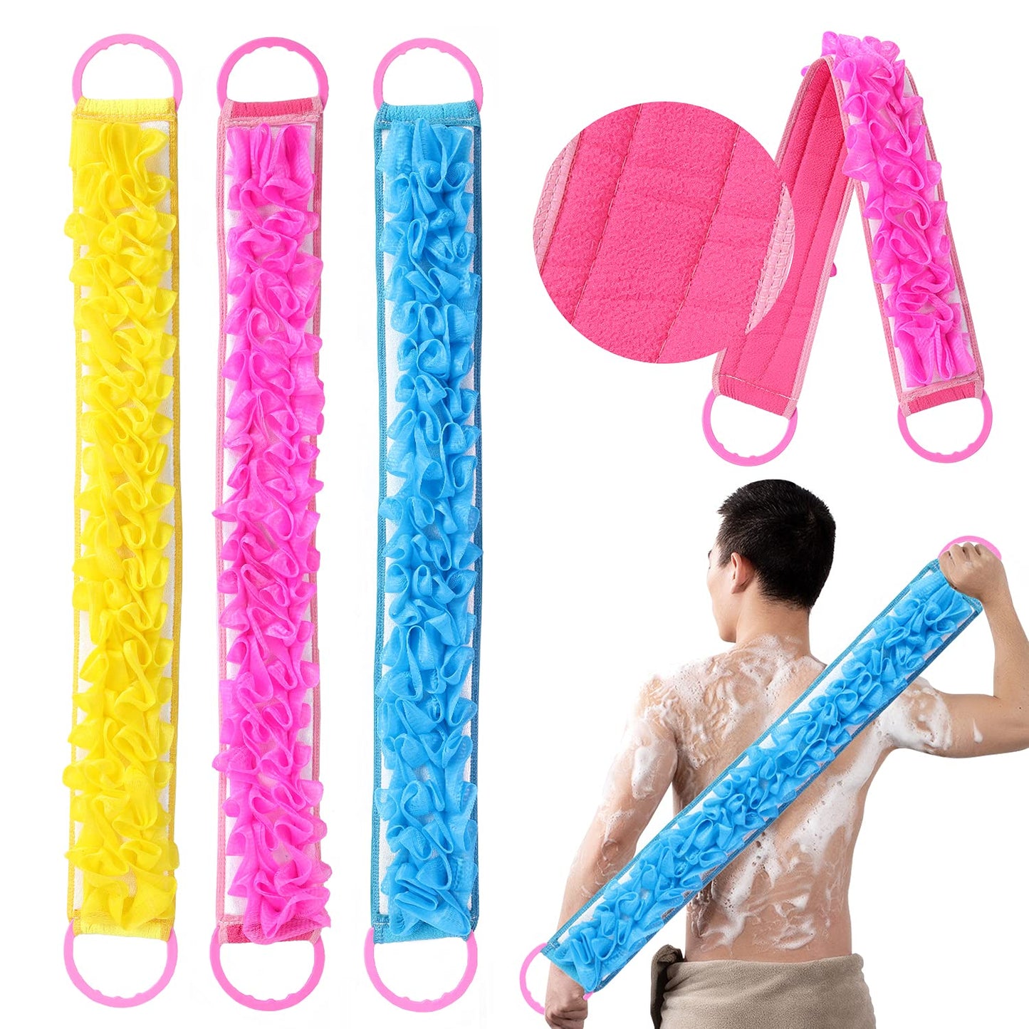 3 PACK Double-Sided Lace Cloth Back Loofah Scrubber Bath Scrub Shower Sponge Long Exfoliating Back Scrubber Scratcher Strap With Handle, Cream Skin Beauty & Personal Care Angla