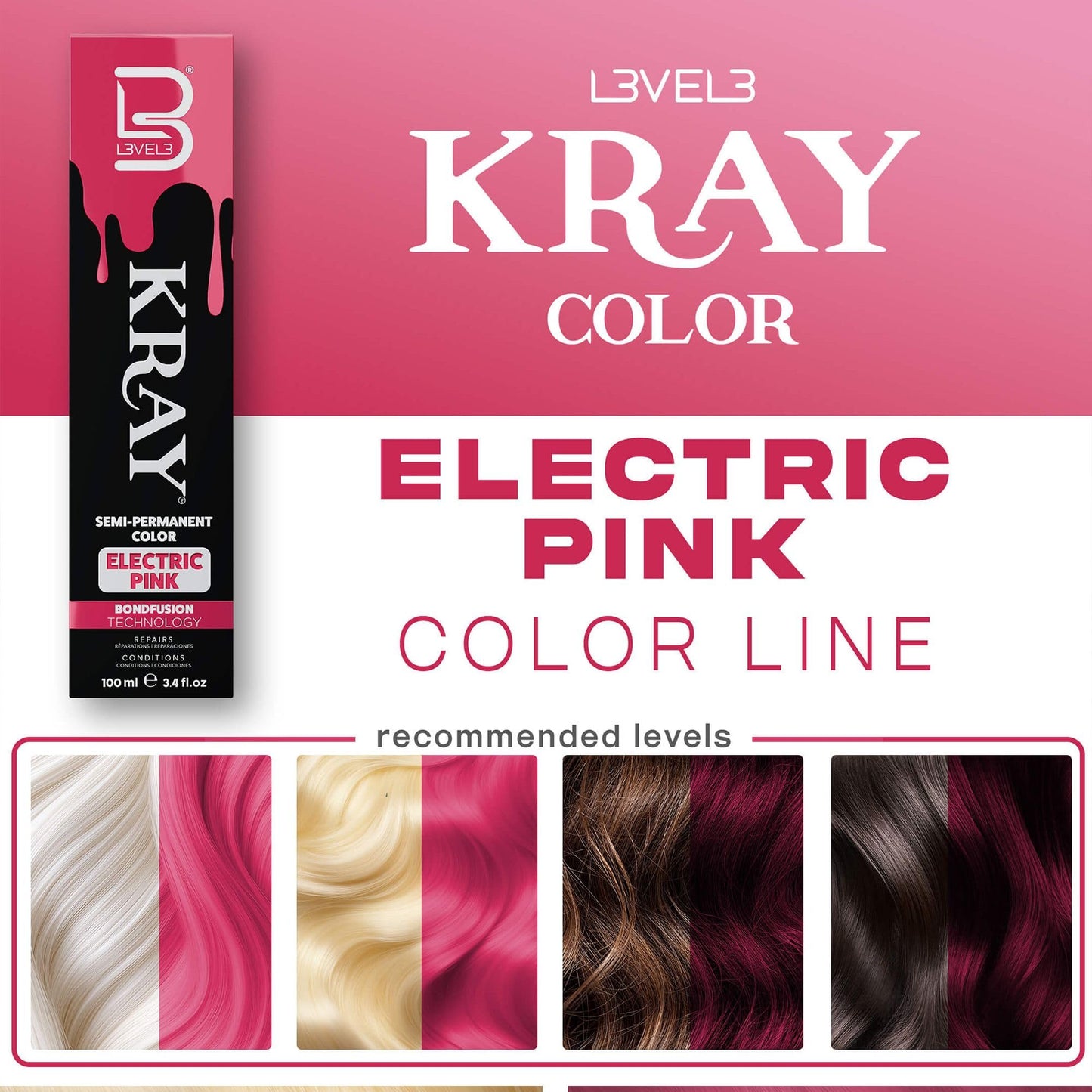 L3 - Level 3 Electric Semi Permanent Hair Color - Vibrant Long Lasting Shine - Argan Oil Protection - 100 ml - Electric Pink Beauty & Personal Care L3