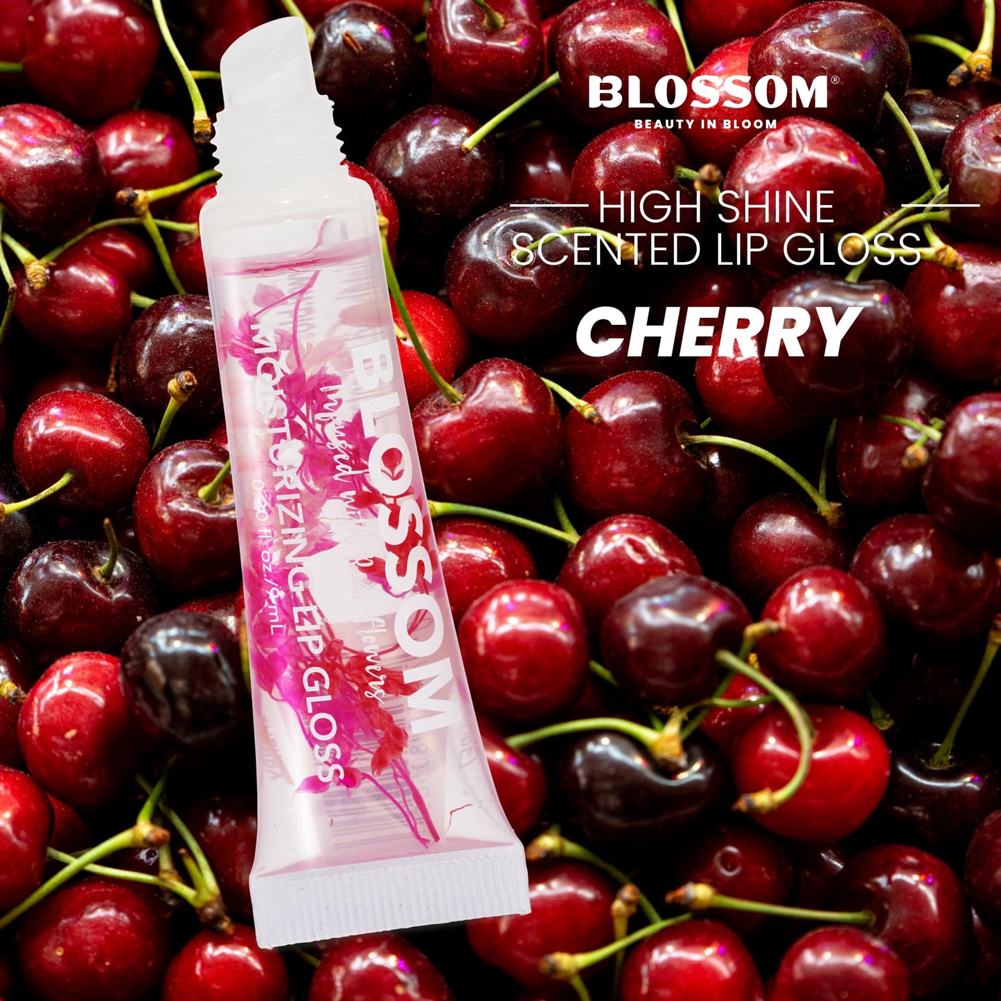 Blossom Lip Gloss Tubes, Cherry Scented Thick Clear High Shine Moisturizing Flower Lip Gel with Nourishing Jojoba Seed Oil, Infused with Real Flowers Beauty & Personal Care Blossom