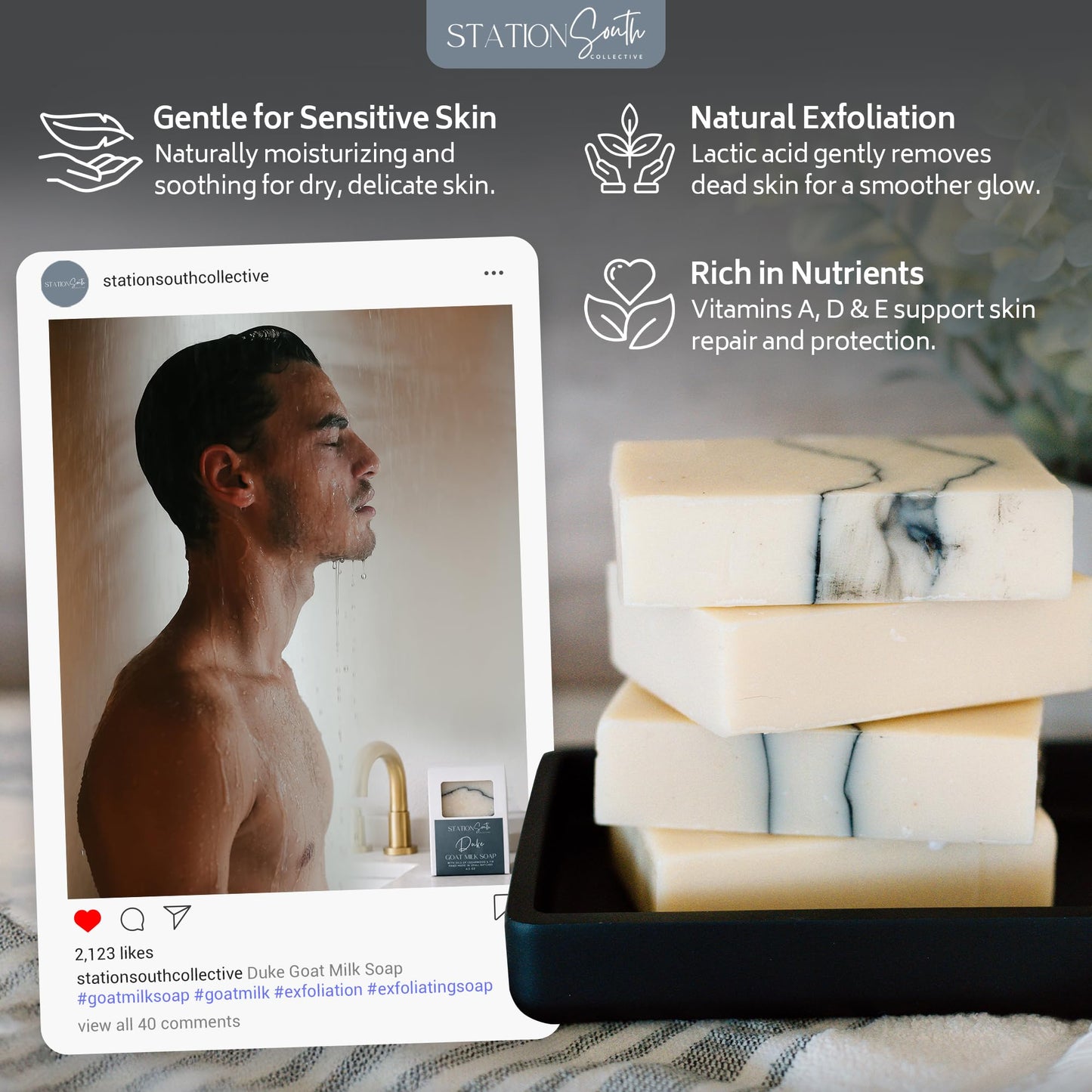 Station South Collective Duke Goat Milk Soap Bar - Men’s 2-in-1 Shampoo & Body Bar, Moisturizing & Deep Cleansing, Hydrating Goat Milk Soap, Woodsy Beauty & Personal Care Station South Collective