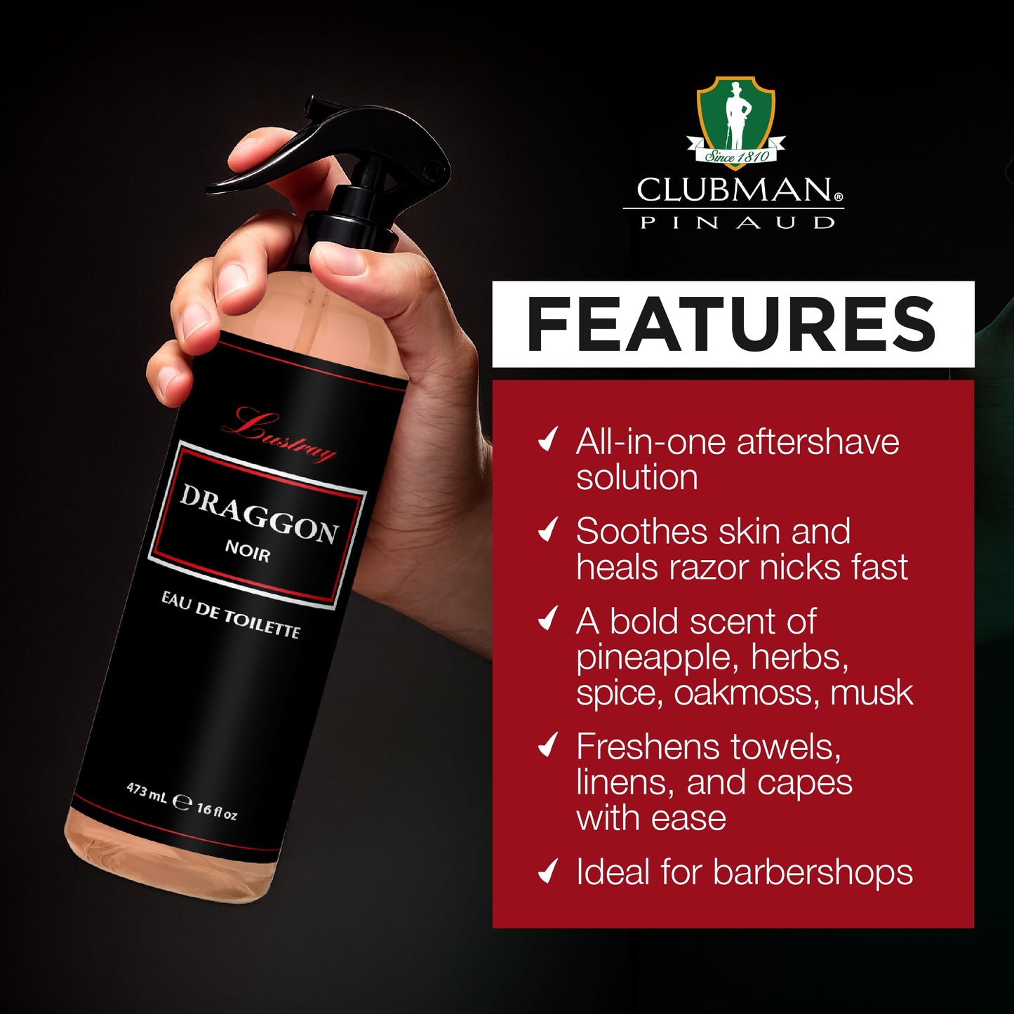 Clubman Lustray Draggon Noir Barber After Shave Spray Cologne - Eau de Toilette, Classic Aftershave Cologne, 16 fl oz Beauty & Personal Care Clubman