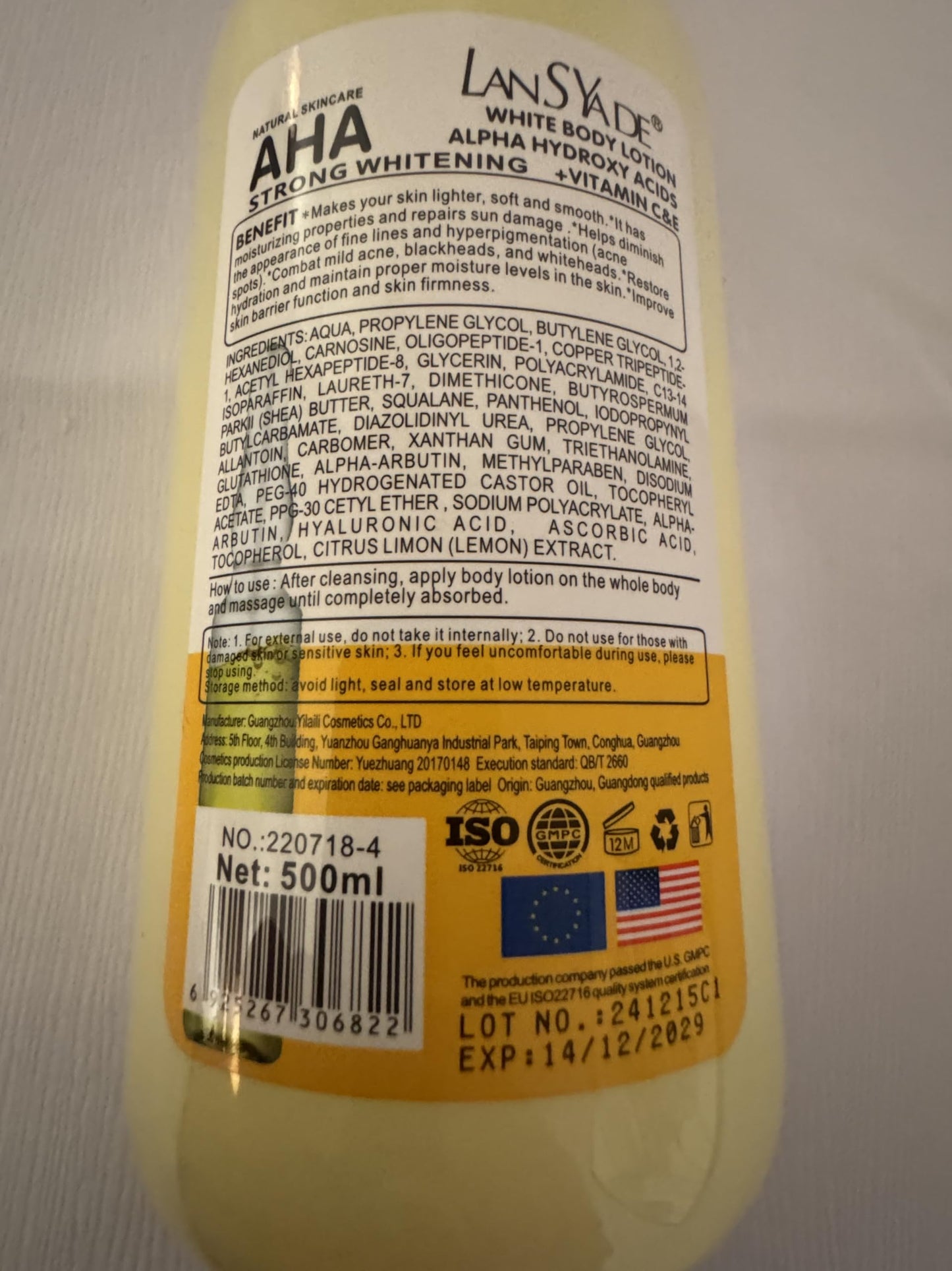 LanSYade AHA Body Lotion with Vitamin C&E, 500ml Beauty & Personal Care LanSYade