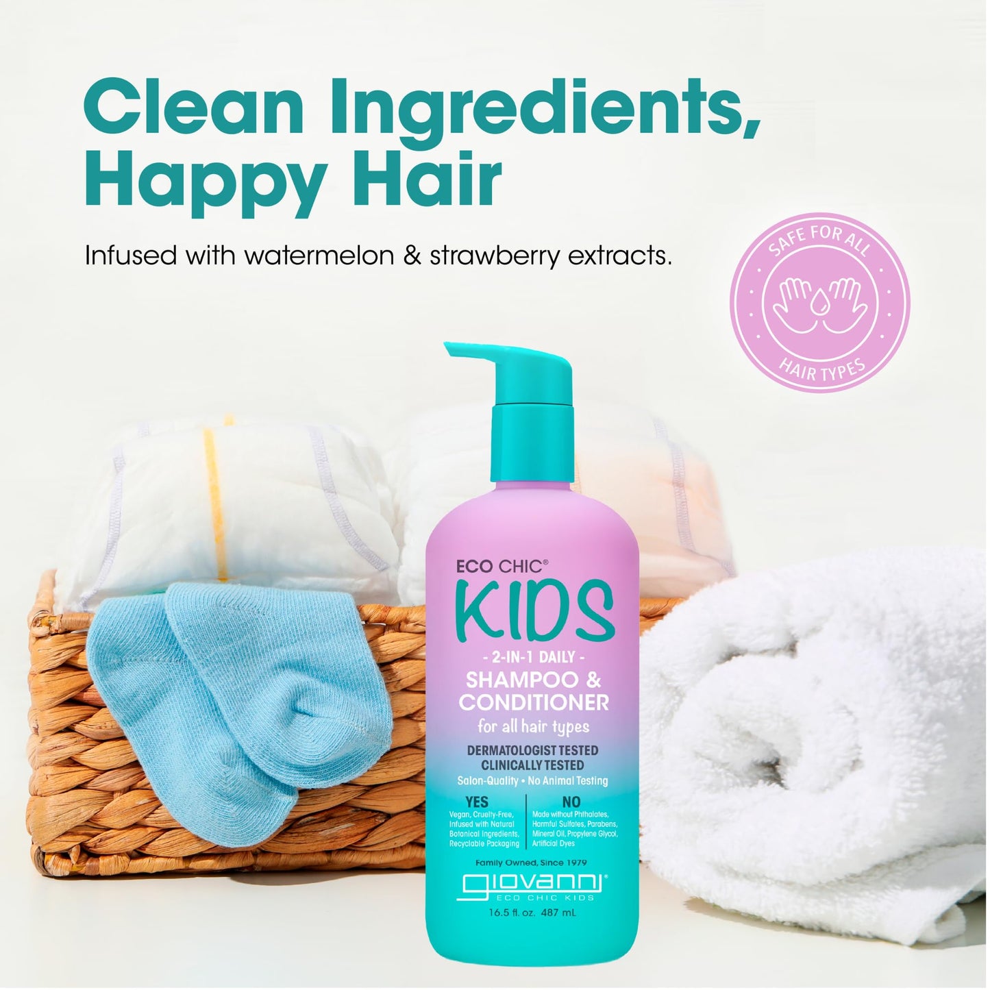 Eco Chic KIDs 2 In 1 Shampoo & Conditioner - Kids 2-in-1, for All Hair Types, Salon Quality, Lightweight & Hydrating, Gentle Formula, Vegan-Friendly Beauty & Personal Care GIOVANNI