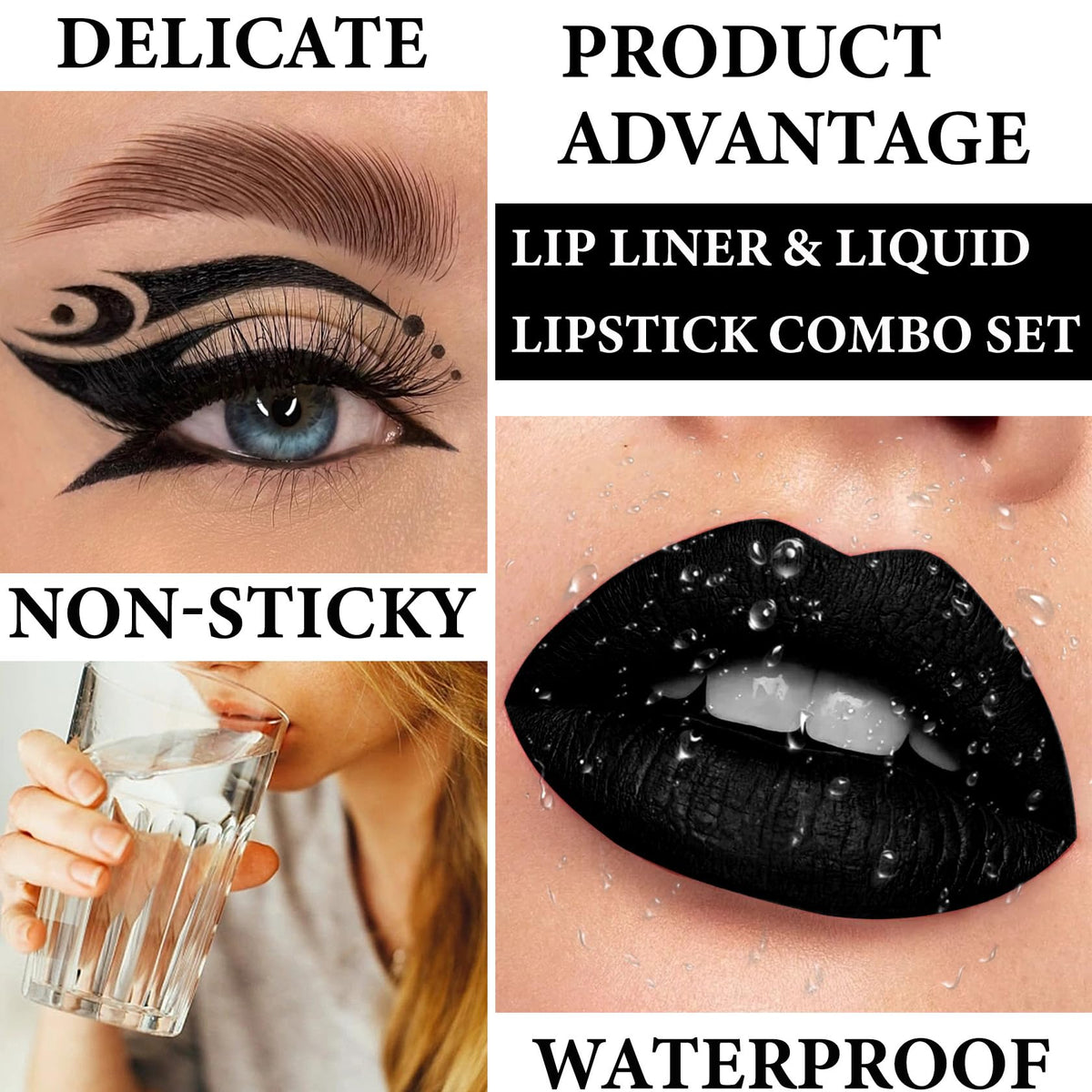 BKPPLZP 2Pcs Black Lip Liner and Lipstick Set,Matte Black Liquid Lipstick Smudge Proof Non-Stick Cup Long Wear Waterproof Lip Gloss Liner Set,High Beauty & Personal Care BKPPLZP