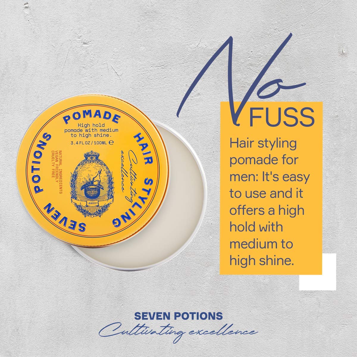 SEVEN POTIONS Men’s Hair Pomade - High Shine, High Hold, Water-Based - Barber-Grade Styling for Slick Back, Pompadour & Side Part - Natural, Vegan Beauty & Personal Care SEVEN POTIONS