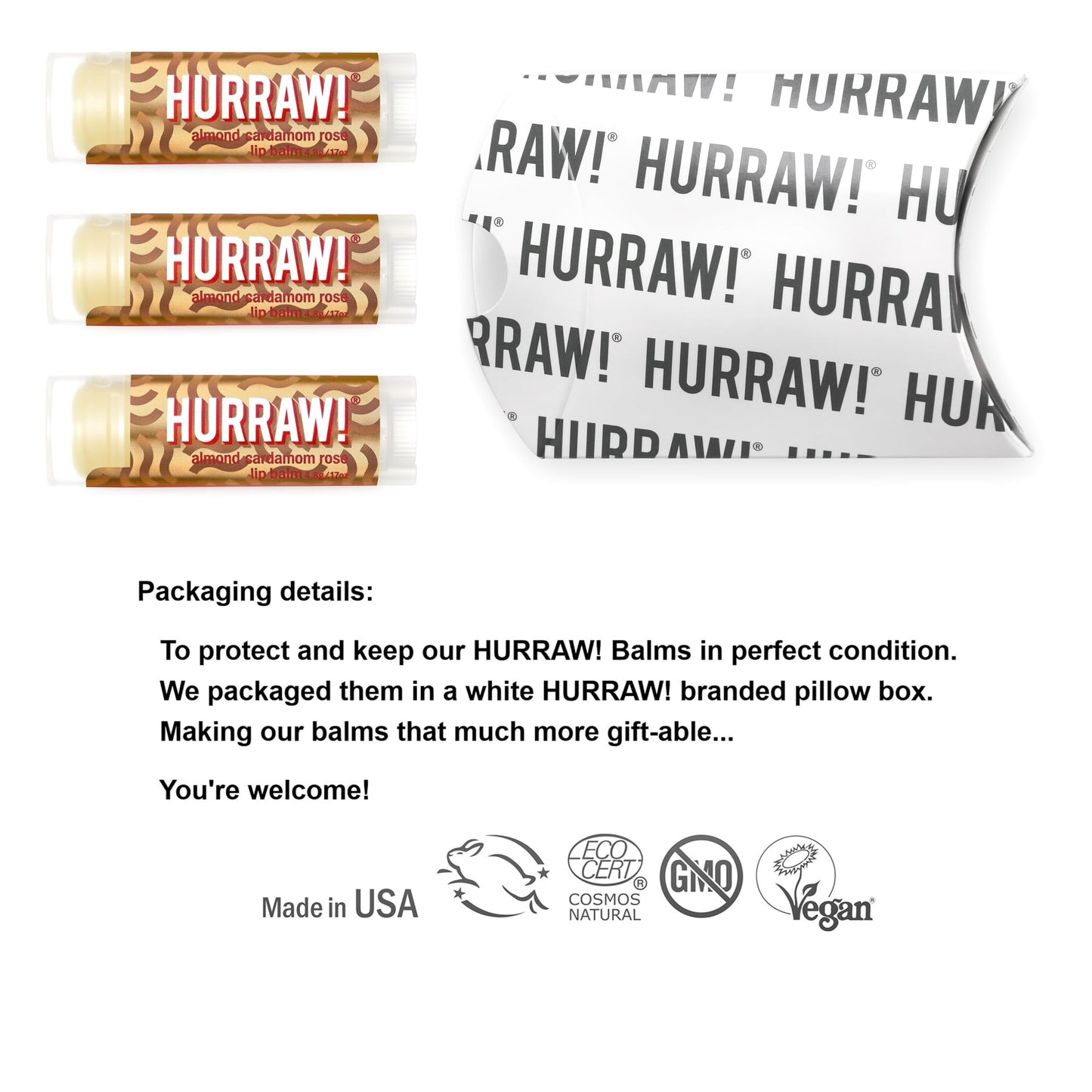 Hurraw! Almond, Cardamom, Rose (Vata) Lip Balm, 3 Pack: Organic, Certified Vegan, Cruelty and Gluten Free. Non-GMO, 100% Natural Ingredients. Bee Beauty & Personal Care HURRAW!