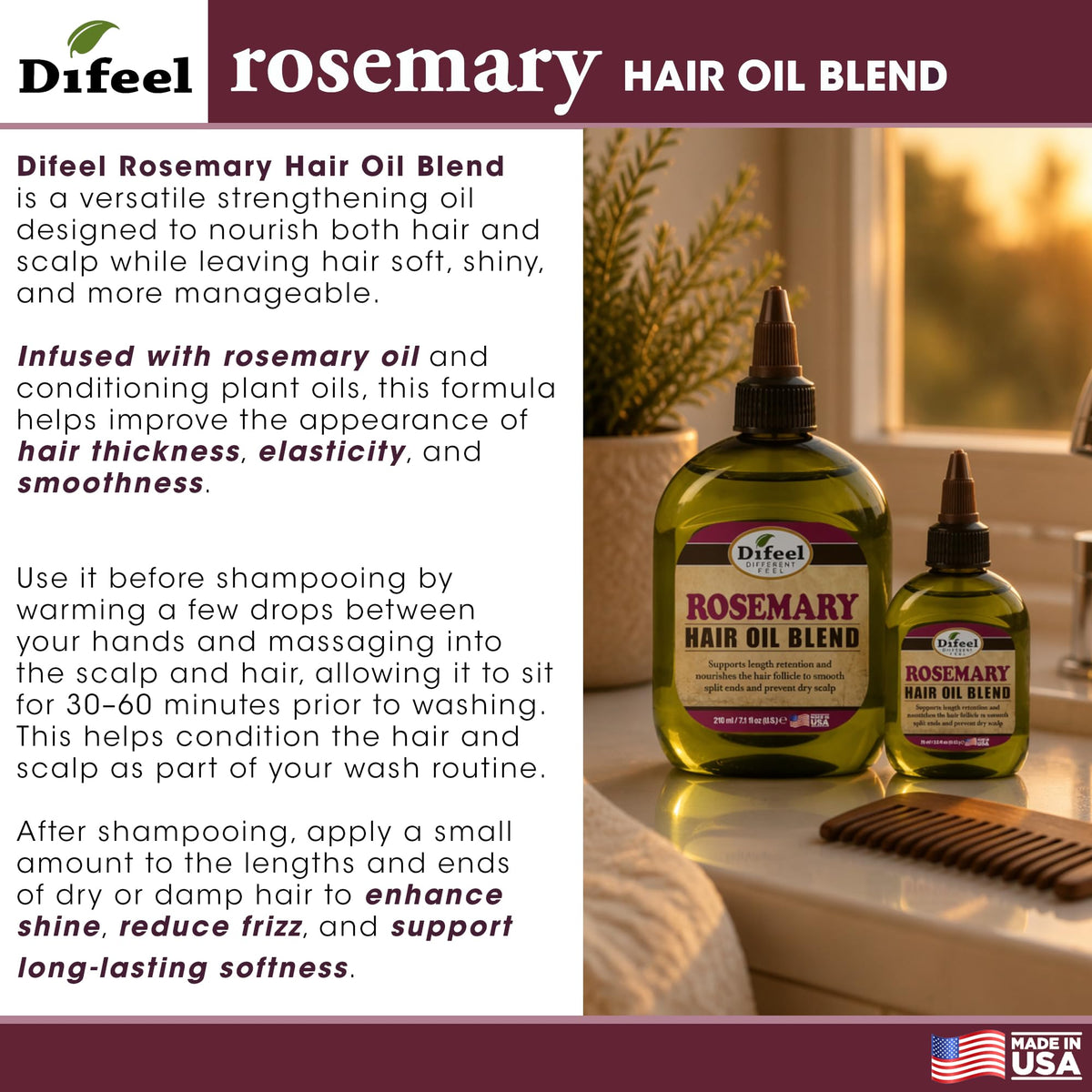 Difeel Rosemary Hair Oil Blend 2.5 oz. - Rosemary Oil Hair Treatment