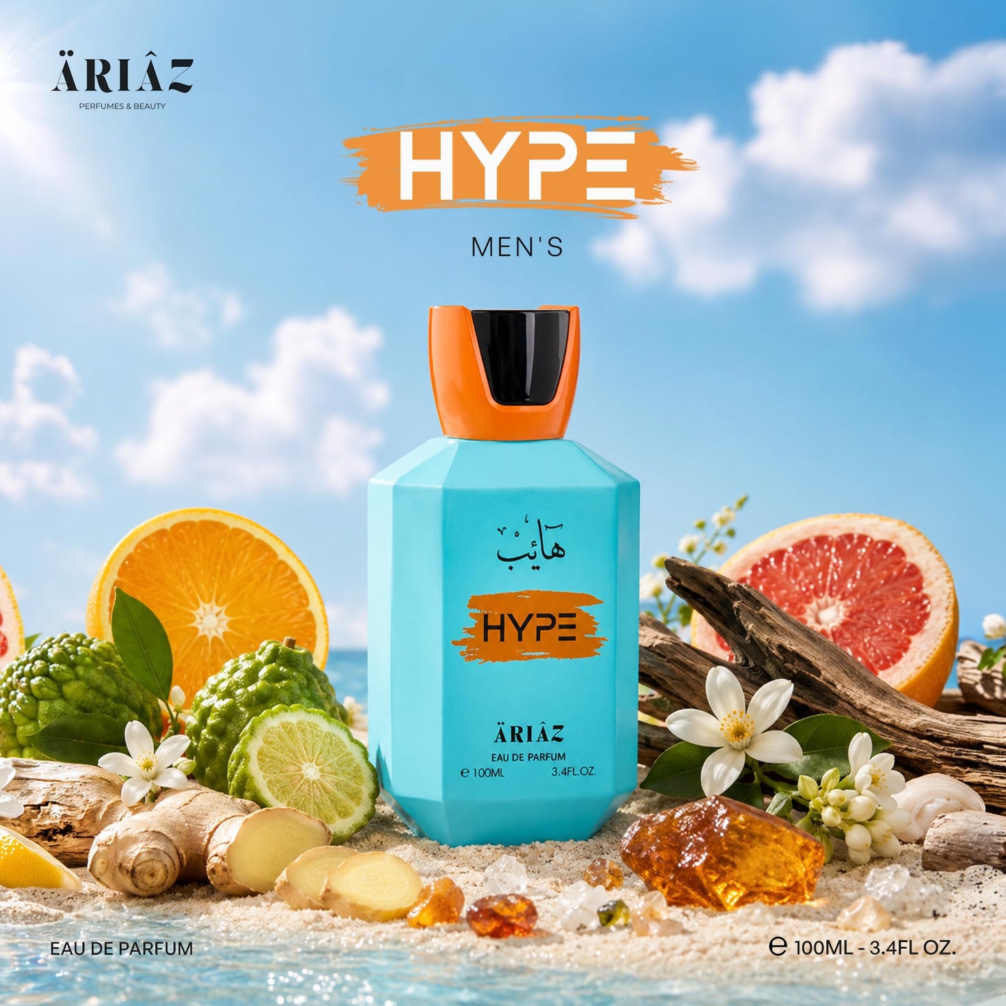 ARIAZ Hype Men's Eau De Parfum - Fresh Citrus & Woody Fragrance to Hold the Attention with Bergamot, Labdanum, Ginger & Ambroxan - Long Lasting Beauty & Personal Care ARIAZ
