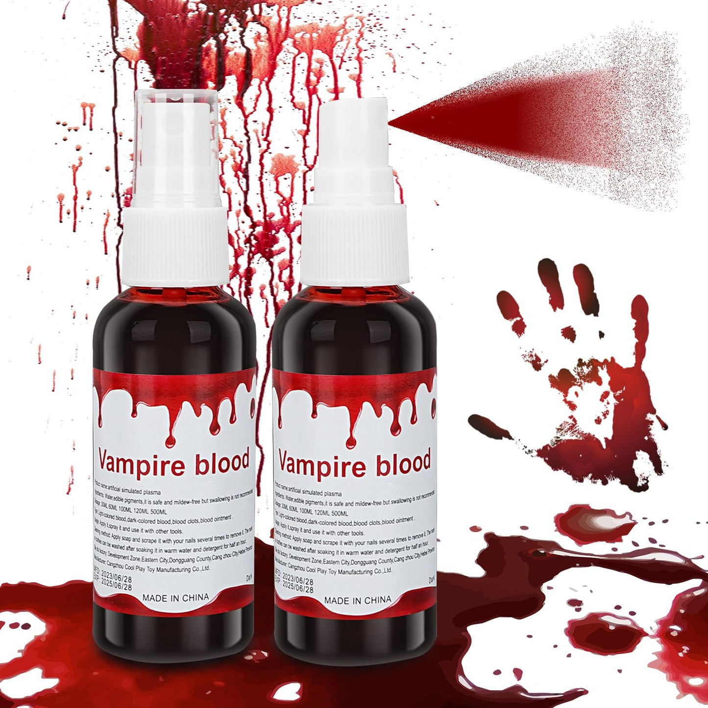 2 PACK Blood Splatter Fake Blood Washable,Halloween Fake Blood Spray Eye Blood Drops Body Paint,Fake Blood for Clothes and Zombie Monster Vampire Beauty & Personal Care Js2U ZW
