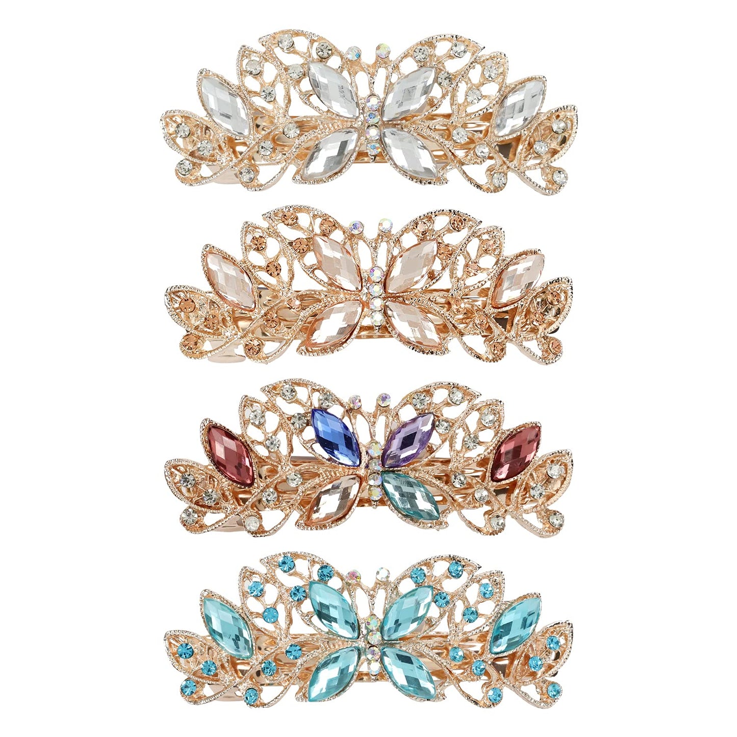Lawie 4 Pack Luxury Butterfly Jeweled Crystal Rhinestone Glitter Sparkly Metal Hair Barrettes Snap Clips Hairpins Hairgrip Thin Thick Bun Twist Holder Beauty & Personal Care Lawie