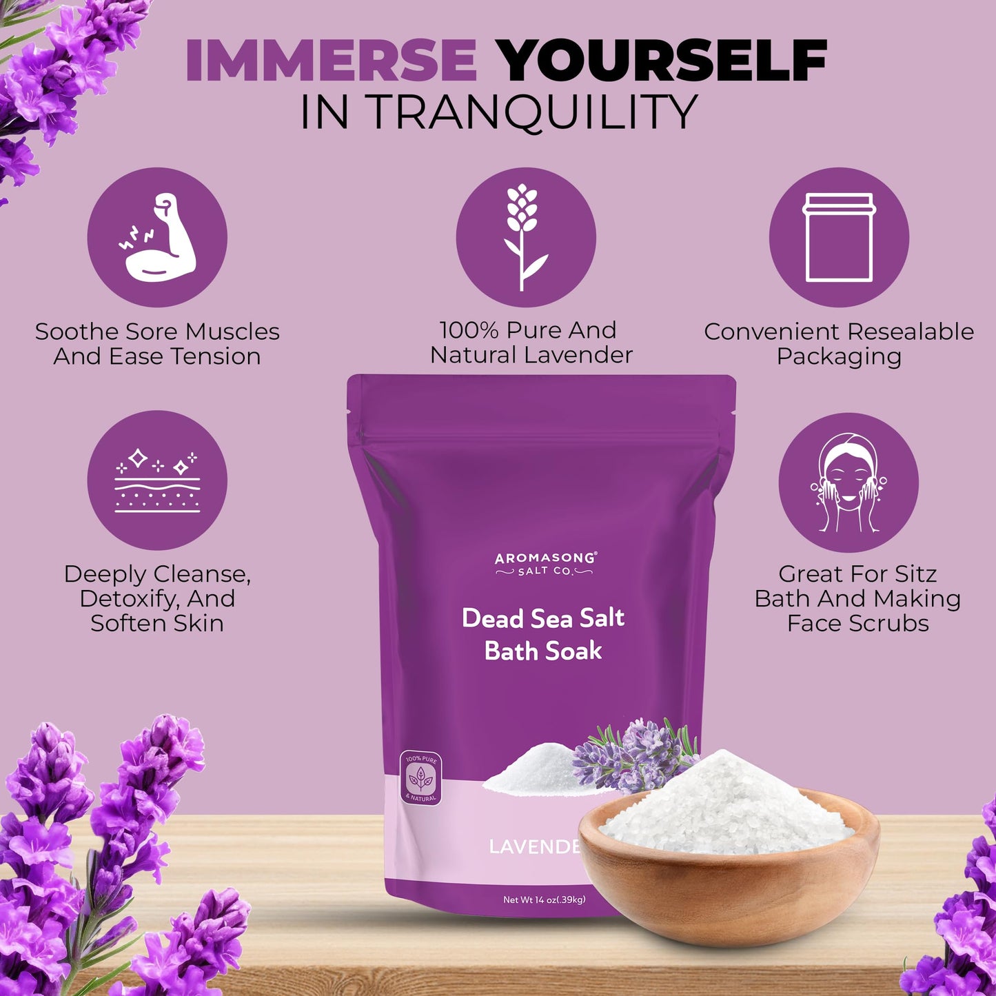 Aromasong Dead Sea Salt for Soaking with Natural Lavender Essential Oil - 14 Oz. Spa Bath Salt Fine Grain 7 Uses Per Pack - for Body Wash Scrub - Soak Beauty and Personal Care Aromasong