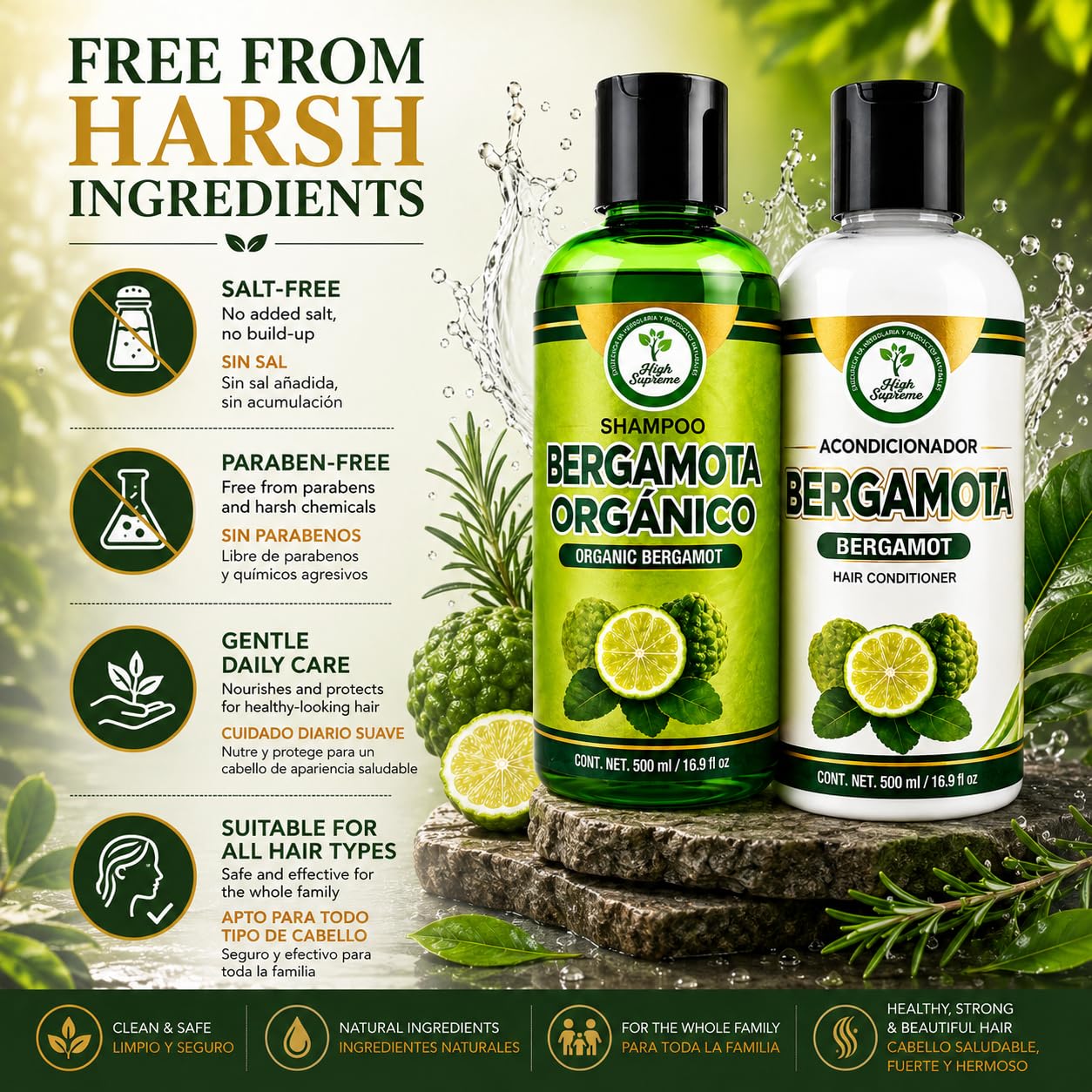 Shampoo Organic Bergamot + Conditioner (16.9 fl oz) with Aloe Vera & Rosemary | SHAMPOO ORGÁNICO BERGAMOTA con Sábila & Romero + Acondicionador - 500 Beauty & Personal Care HIGH SUPREME