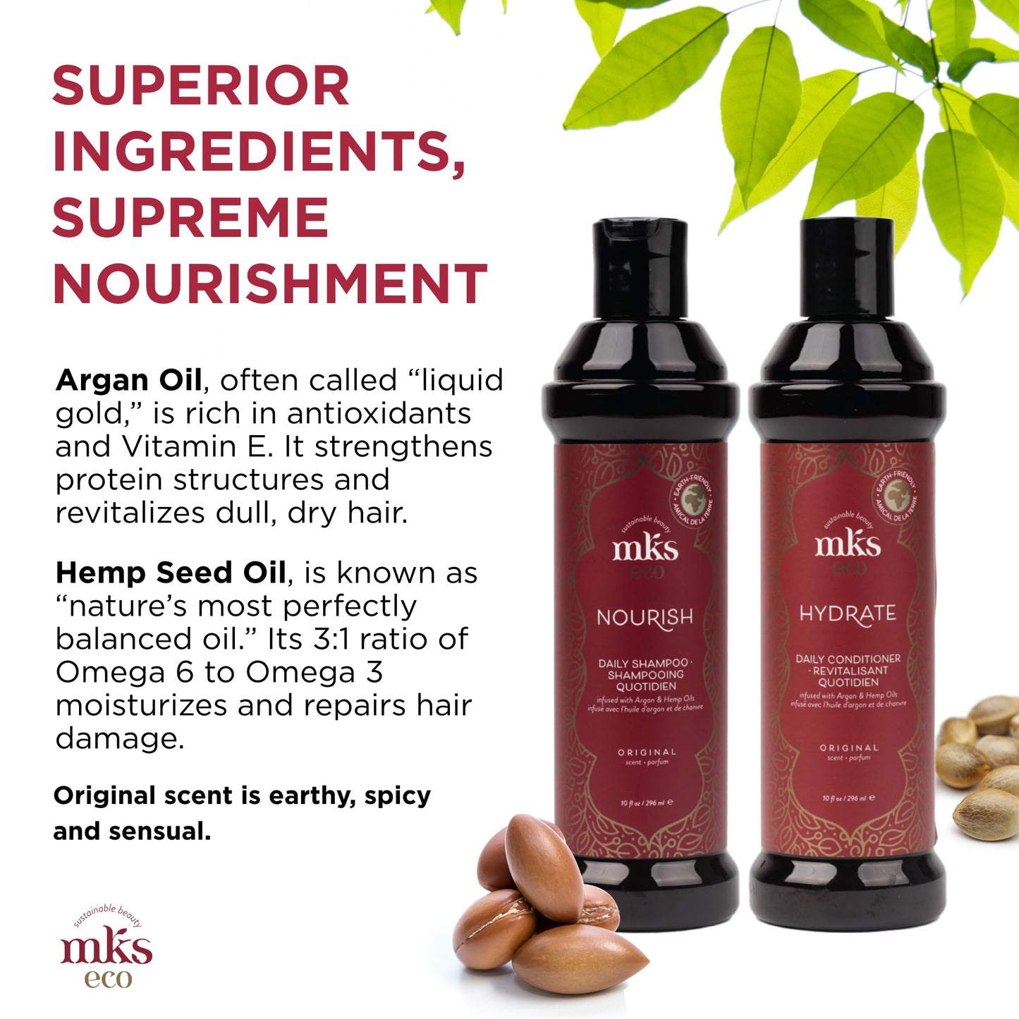 MKS eco Nourish Shampoo, Original Scent (10 fl oz) + MKS eco Hydrate Conditioner, Original Scent (10 fl oz) - Moroccan Argan Oil, Hemp Seed Oil Beauty & Personal Care Earthly Body