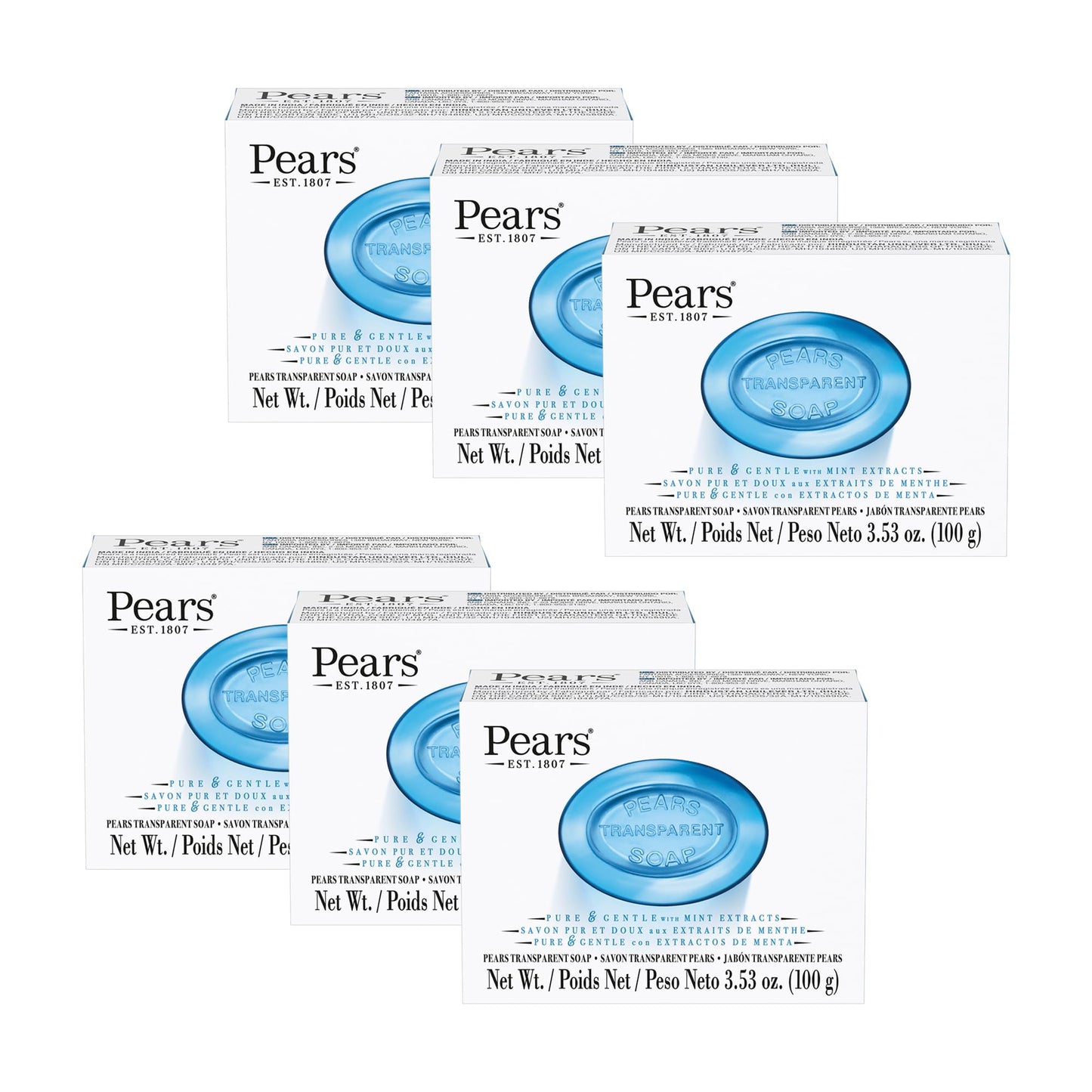 Pears Pure and Gentle with Glycerin and Mint Extracts - Transparent Soap Bar for Radiant Skin - Bar Soap for Women and Men - Blue - 6 pc Beauty & Personal Care Pears