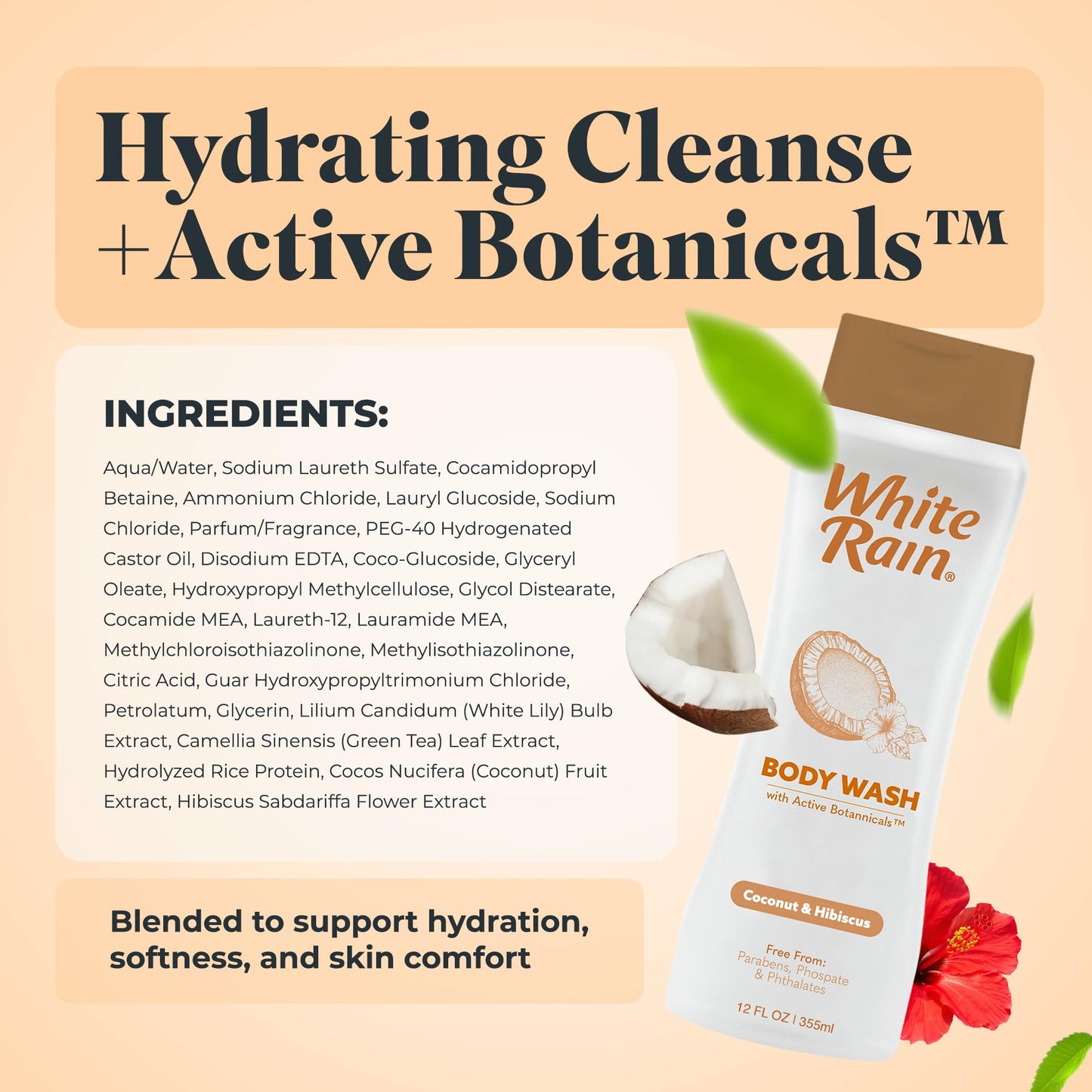 White Rain Coconut & Hibiscus Moisturizing Body Wash for Women & Men - Coconut Body Wash for Dry Skin, Gentle Paraben-Free Formula with Botanical Beauty & Personal Care White Rain