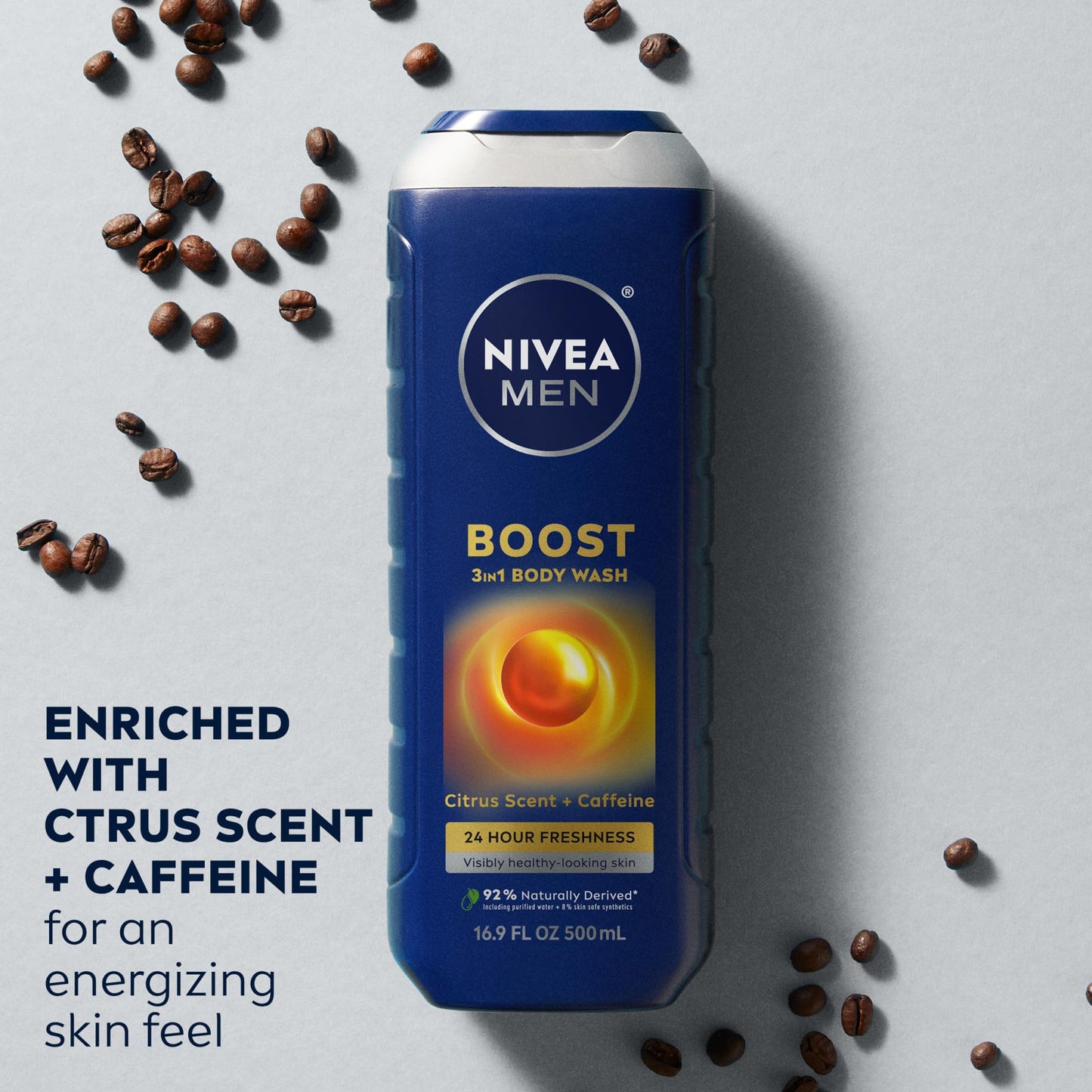 NIVEA MEN Boost Body Wash, Citrus Scent and Caffeine Enriched, 3-in-1 Men's Body Wash, Face and Hair, Paraben Free, Vegan Formula, 16.9 Fl Oz Bottle Beauty & Personal Care NIVEA MEN