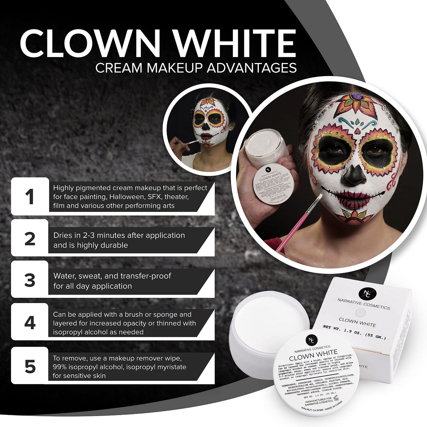 Narrative Cosmetics Clown White Cream Makeup, Quick Drying Professional Face Paint for the Stage, Film, Halloween, and Cosplay, 1.9 Oz. Beauty & Personal Care Narrative Cosmetics