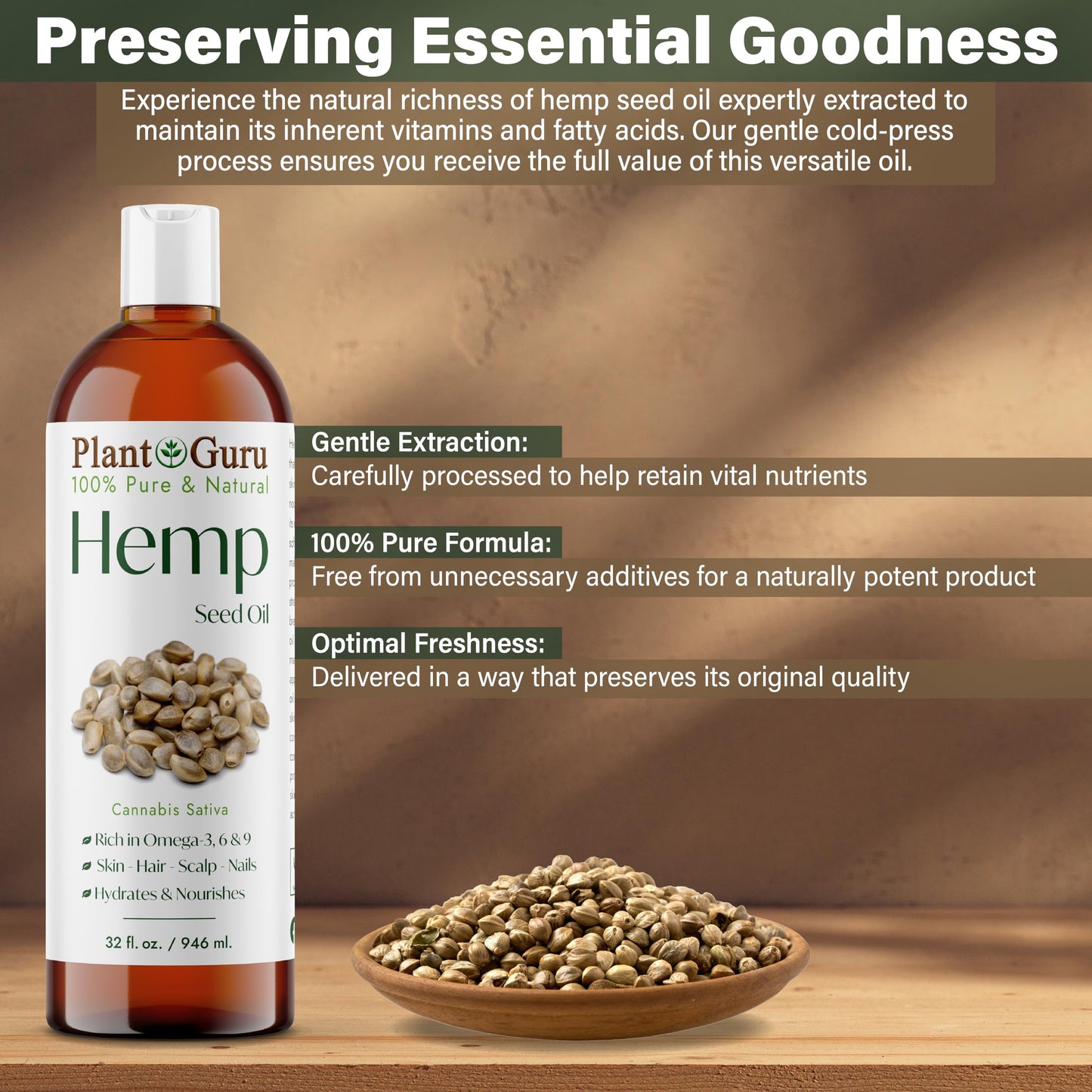 Plant Guru Hemp Seed Oil 4 oz. Virgin, Unrefined 100% Raw Pure Natural - Skin, Body And Hair Moisturizer. Works For Massage, Acne, & More! Beauty & Personal Care Plant Guru