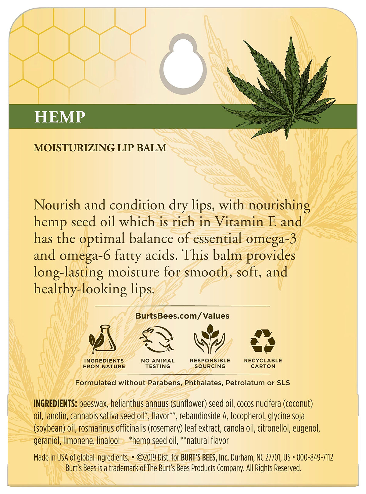 Burts Bees 100% Natural Origin Moisturizing Lip Balm, Hemp with Beeswax, 0.15 Oz Beauty & Personal Care Burt's Bees