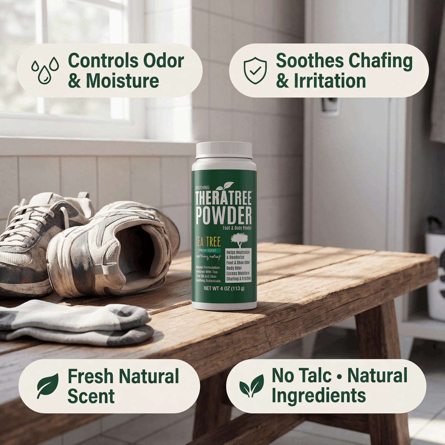 TheraTree Foot, Body and Shoe Powder with Tea Tree for Odor and Moisture Control with Organic and Natural Ingredients - Fresh Scent 4 oz Beauty & Personal Care Oleavine
