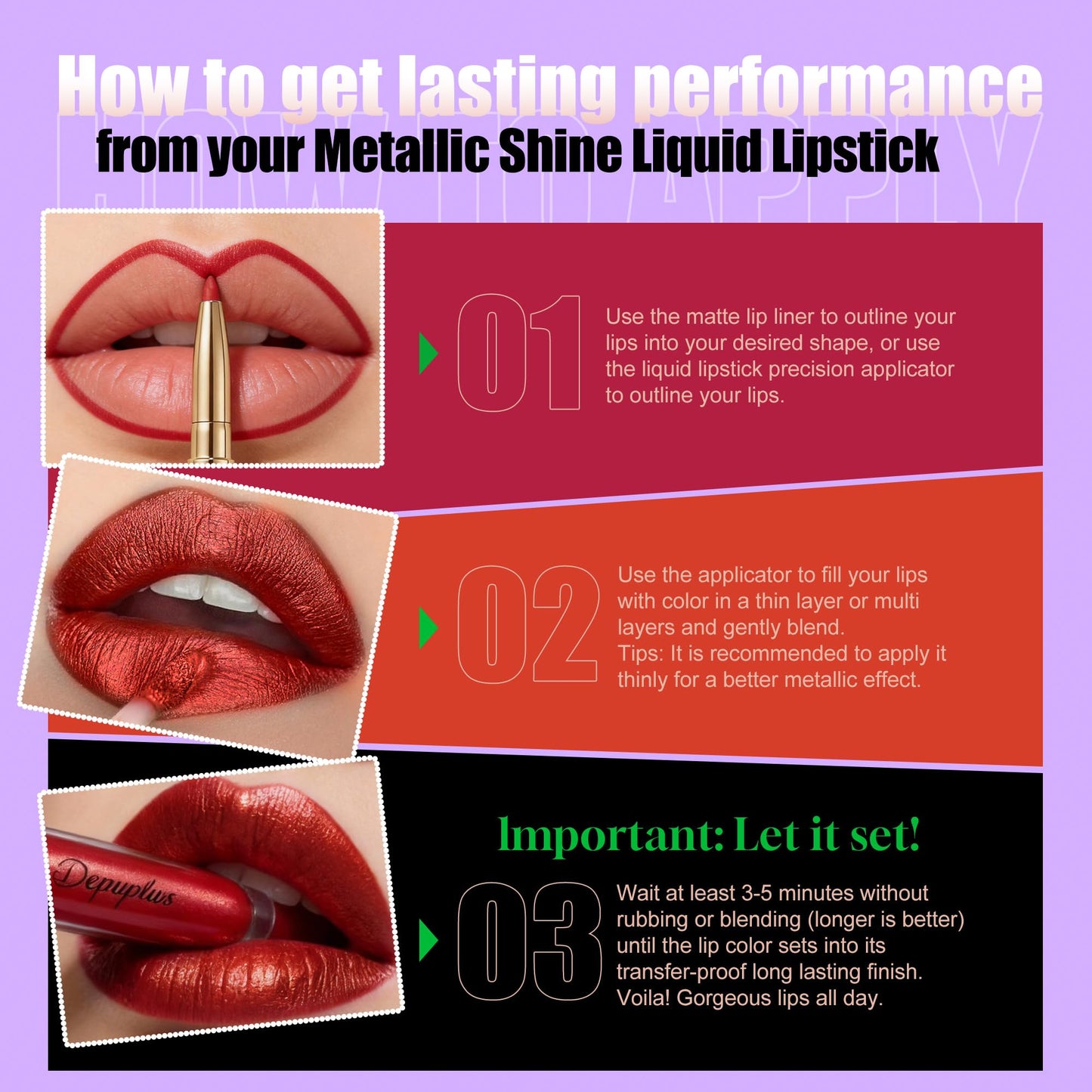 Depuplum Plum Metallic Lipstick and Lip Liner Combo Makeup 2-in-1 Shimmer Glitter Lipsticks for Women Metallic Lip Gloss Stain Burgundy Long Lasting Beauty & Personal Care Depuplum