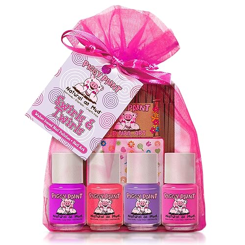 Piggy Paint | 100% Non-Toxic Girls Nail Polish | Safe, Cruelty-free, Vegan, & Low Odor for Kids | Swirls & Twirls (4 Polish + Nail Art Gift Set) Beauty & Personal Care Piggy Paint