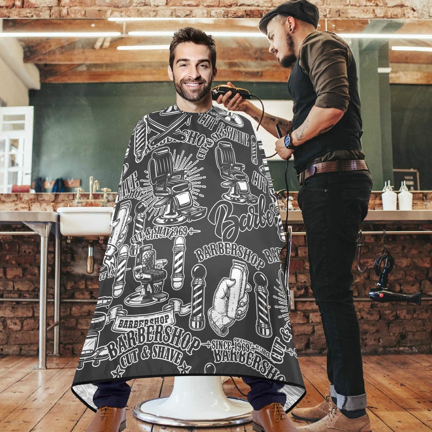 visesunny Barbershop Design Monochrome Style Barber Cape Anti-Static Hair Cutting Cape with Snap Closure Professional Salon Polyester Beard Shaving Beauty and Personal Care visesunny