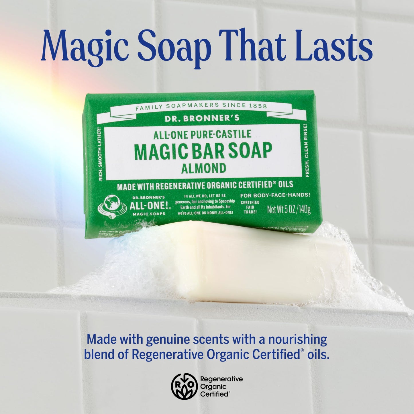 Dr. Bronner's Pure-Castile Magic Bar Soap (Almond, 5 ounce, 12-Pack)-Made with Regenerative Organic Certified Oils, For Face, Body, Hair, Gentle Beauty & Personal Care Dr. Bronner's