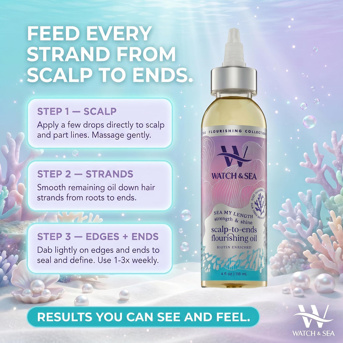 Watch & Sea Strength & Shine Scalp-to-End Flourishing Hair Oil - Strengthening Hair and Scalp Oil with Seaweed and Sea Kelp - Great for Daily Use and