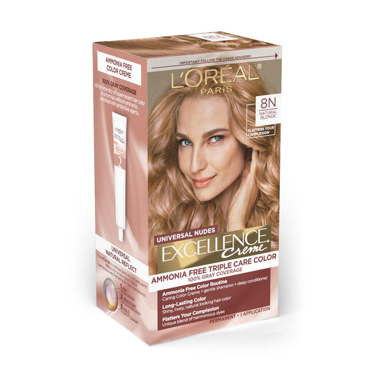 L’Oreal Paris Excellence Universal Nudes Permanent Hair Color, Ammonia Free Hair Dye for Gray Hair Coverage, 8N Natural Blonde, 1 Hair Dye Kit