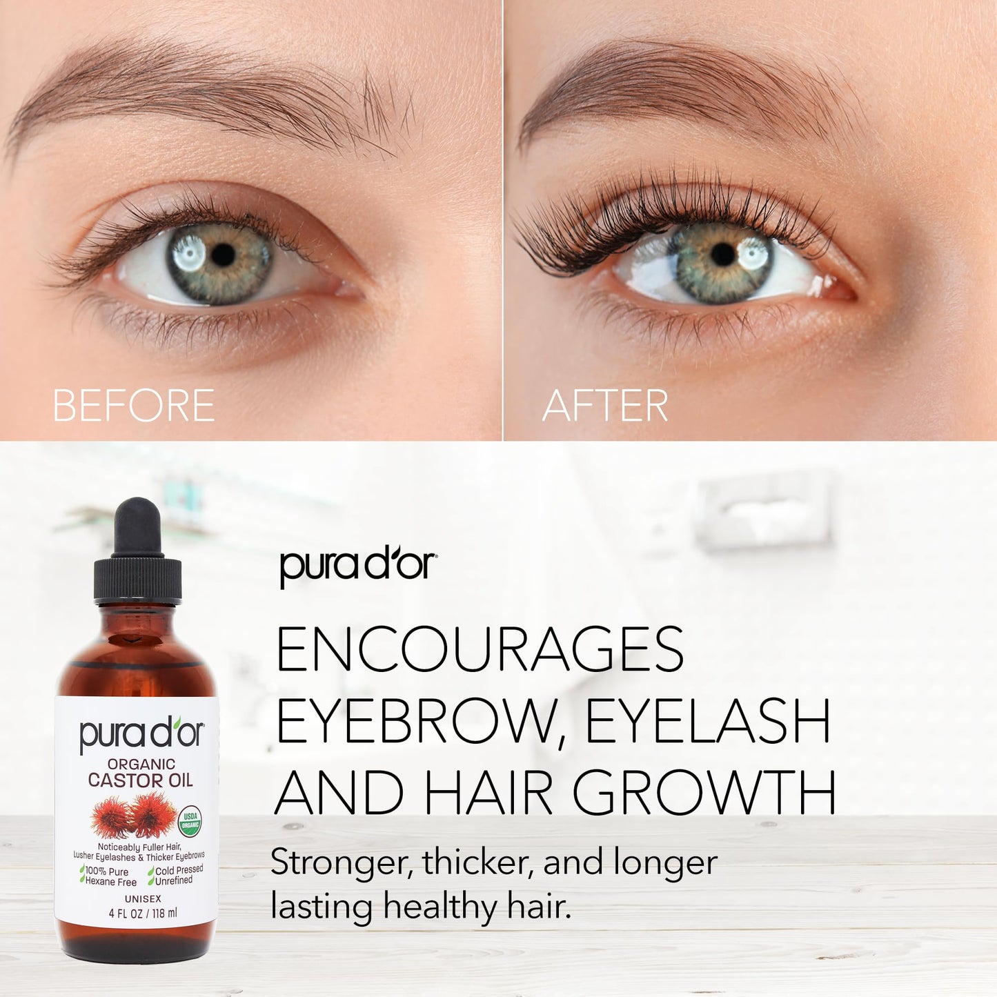 PURA D'OR 4 Oz ORGANIC Castor Oil - w/ 2 BONUS Empty Brushes - 100% Pure USDA Certified Cold Pressed, Hexane Free Eyelash & Eyebrow Serum Beauty & Personal Care PURA D'OR