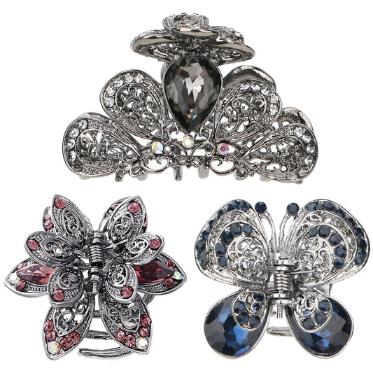 kilofly 3pc Vintage Crystal Hair Claw Clips Long Thick Hair Metal Clamps Beauty & Personal Care kilofly