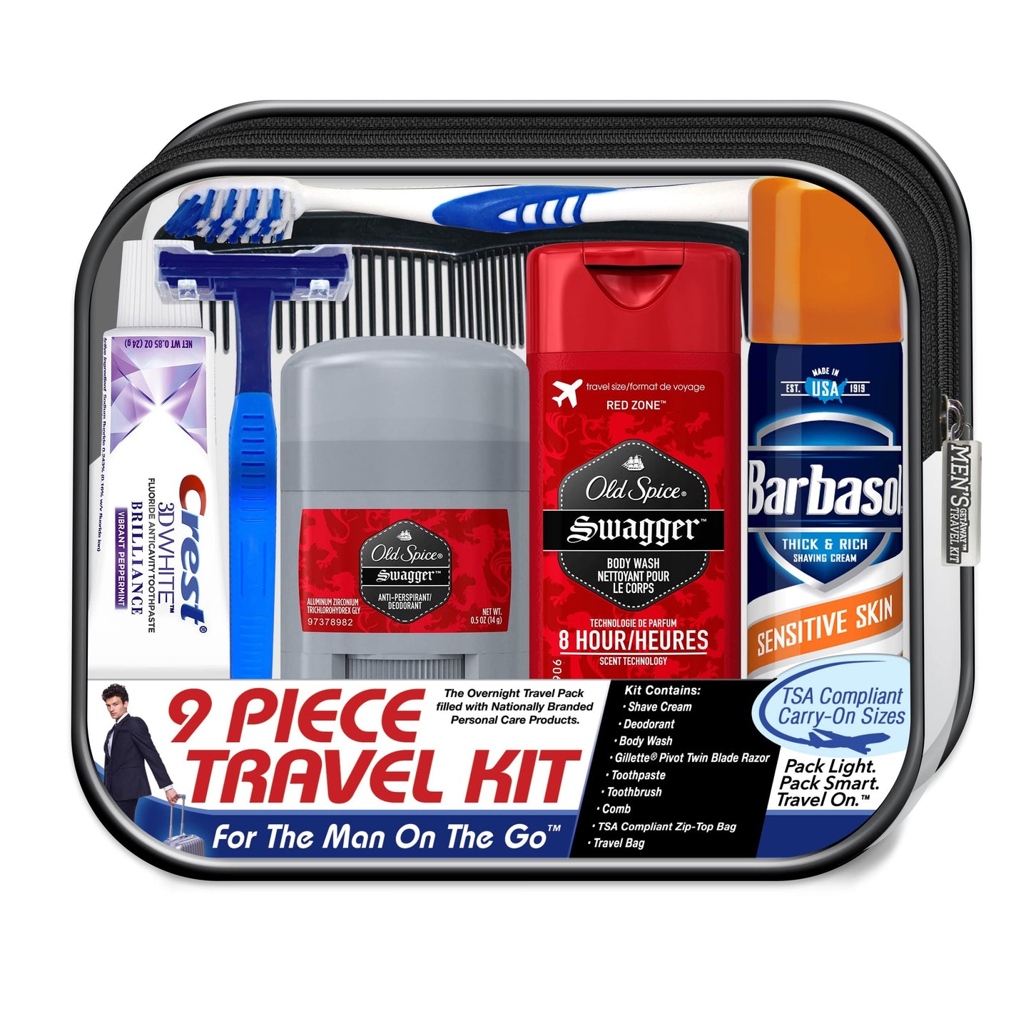 Convenience Kits International Men's Deluxe, 9-Piece Kit with Travel Size TSA Compliant Essentials , Featuring: Old Spice Products in Reuseable Beauty & Personal Care Convenience Kits International