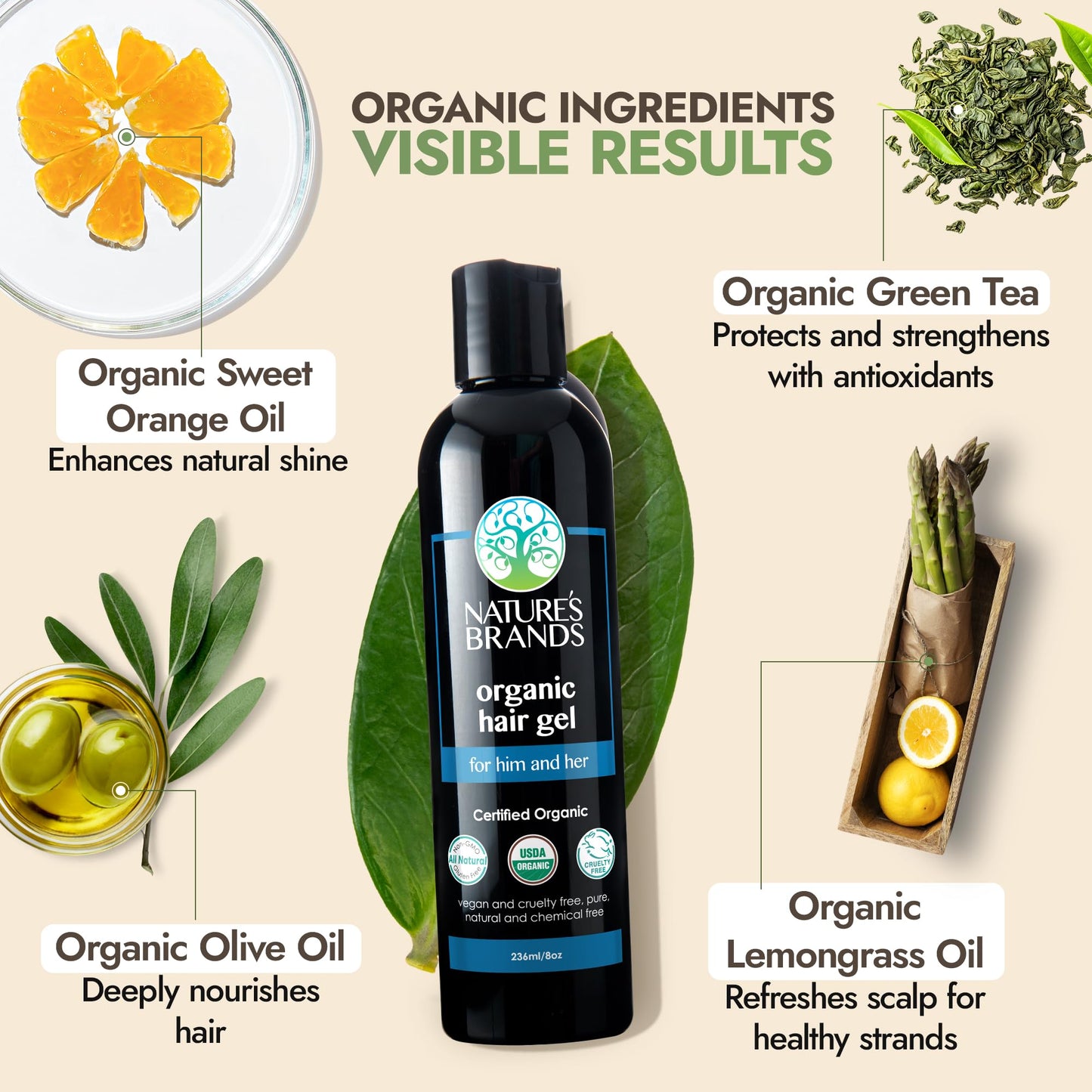 Nature’s Brand - Herbal Choice Mari Organic Hair Gel, 8 Oz - All-Day Hold for Curly & Straight Hair, Nourishing, Rosehip & Olive Oil Gel with Sweet Beauty & Personal Care Nature's Brands