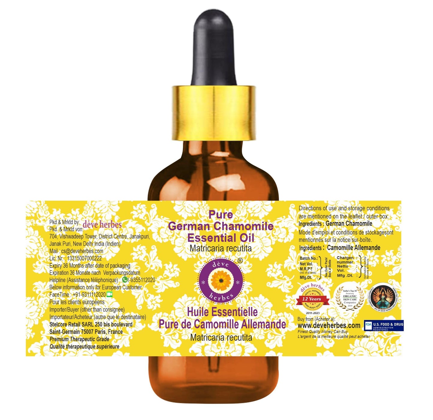 dève herbes German Chamomile Essential Oil (Matricaria recutita) with Glass Dropper - Pure - Non-Sticky - Non-Greasy - Lightweight - Men & Women - All Beauty and Personal Care dève herbes