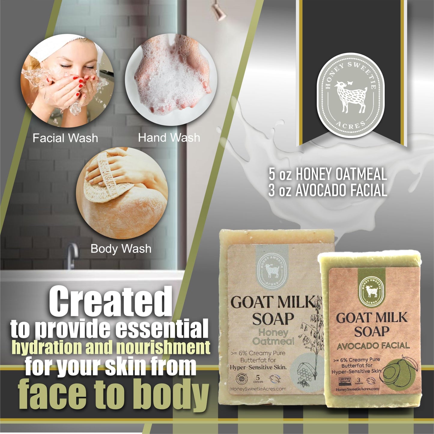 Honey Sweetie Acres Fresh of the Goat Face and Body Soap Bundle - 3 oz Avocado Facial Bar + 5 oz Hydrating Honey Oatmeal Goat Milk Soap - Handcrafted Beauty & Personal Care Honey Sweetie Acres