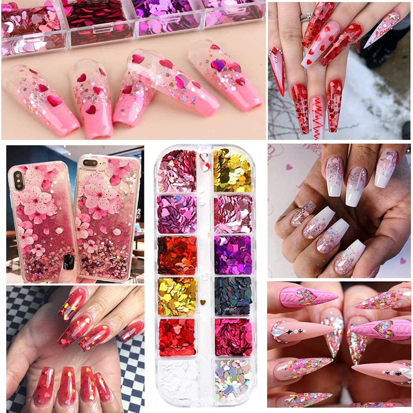 12 Colors Heart Holographic Nail Glitter Sequin Accessories Colorful 3D Heart Nail Flakes Powder UV Gel Polish Acrylic Design for Women Girls Manicure Beauty & Personal Care TBRZTR