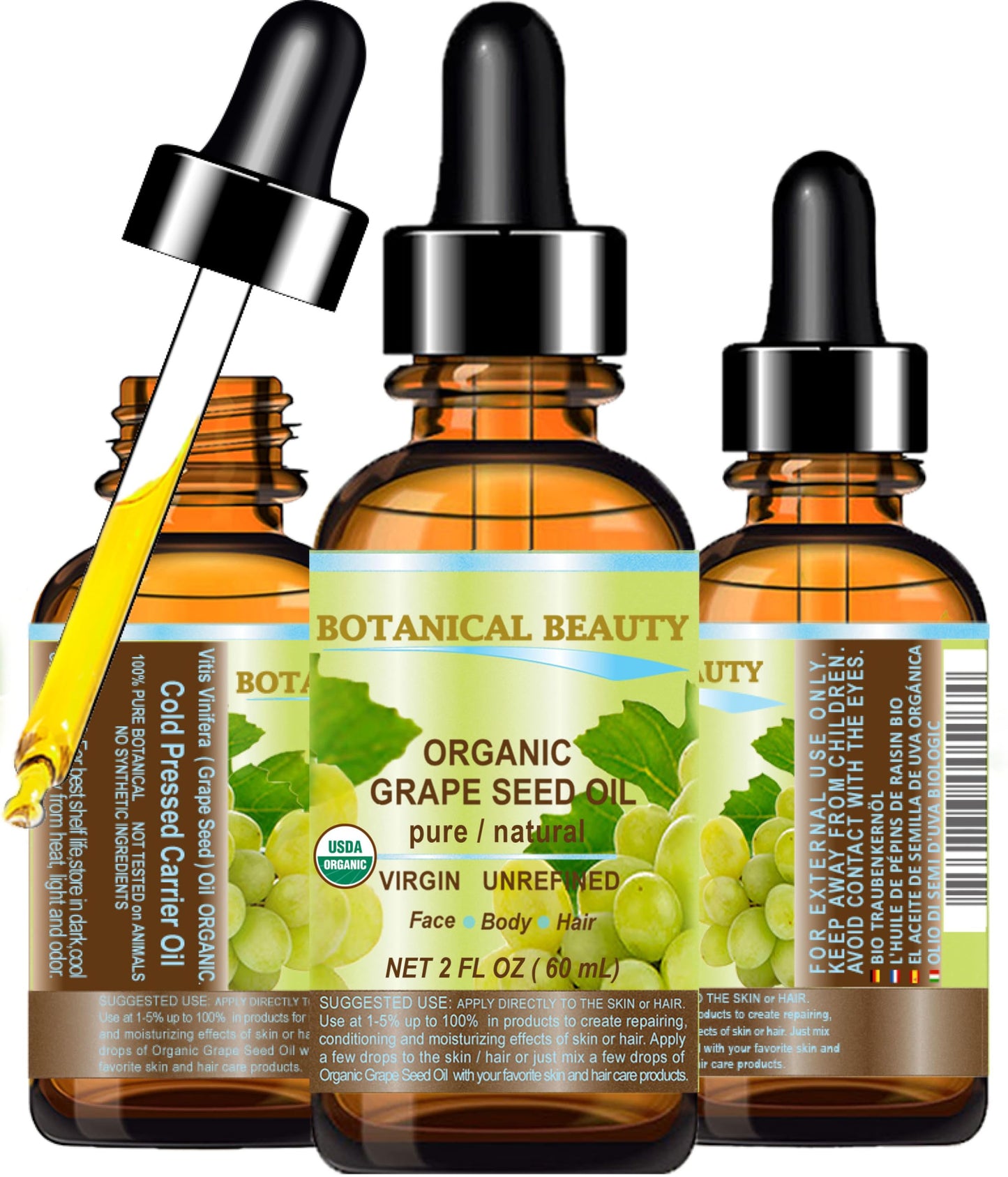 Botanical Beauty Organic GRAPE SEED OIL 100% Pure Natural VIRGIN UNREFINED Cold-Pressed Carrier Oil for Face, Skin, Body, Hair, Lip, Nails, Massage Beauty & Personal Care Botanical Beauty