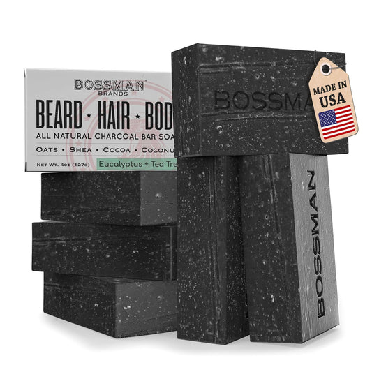 Bossman 6-Pack 4-in-1 Charcoal Soap Bar (4 oz) - Bar Soap for Men - All-Natural Beard Wash, Shampoo, Body Wash & Shaving Solution - Eucalyptus & Tea Beauty & Personal Care Bossman