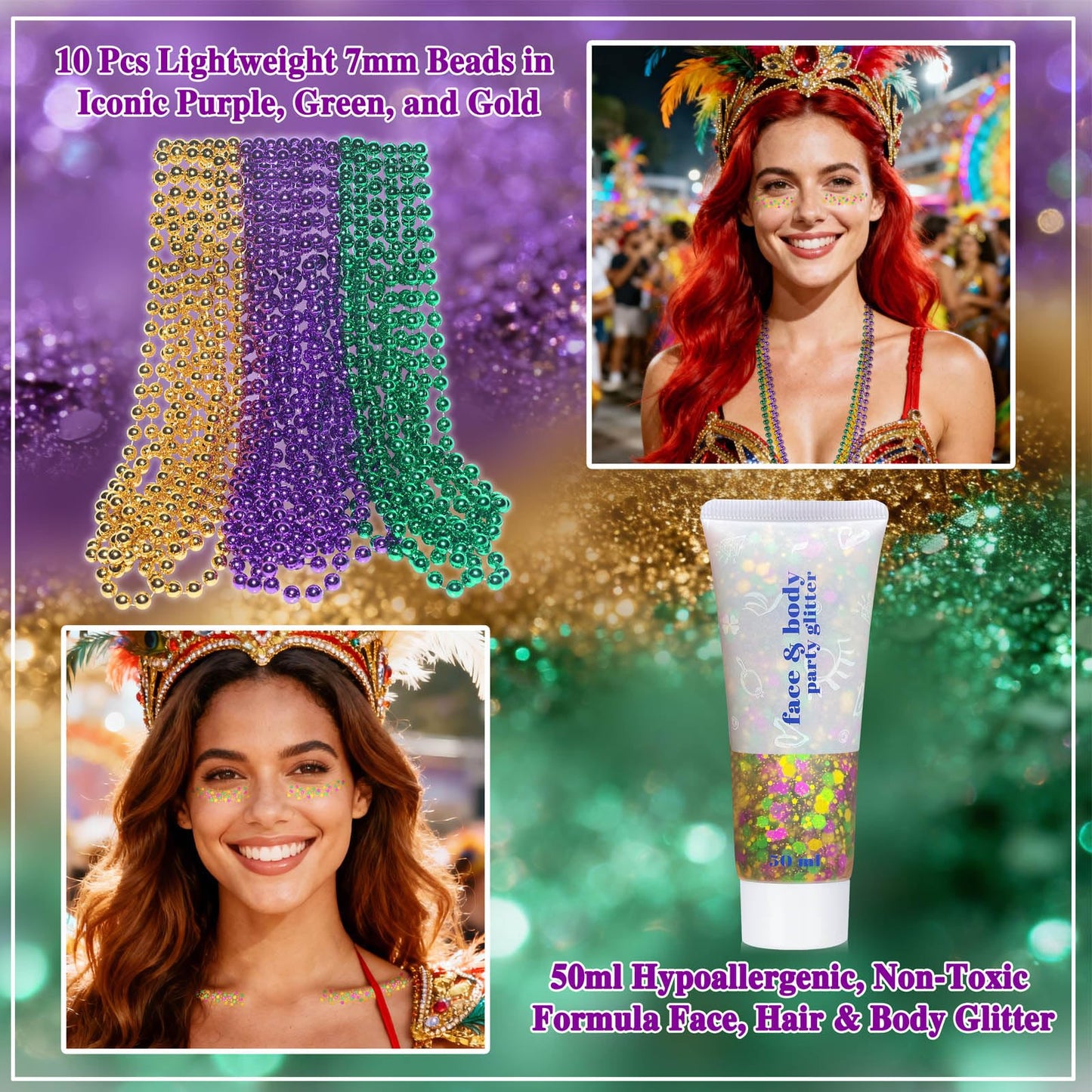 Purple Green Gold Mardigras Face Hair Glitter Makeup Set, for Parade Mask Parties Carnivals, with 10 PCS 7mm Beads Necklaces Beauty & Personal Care faglowmify