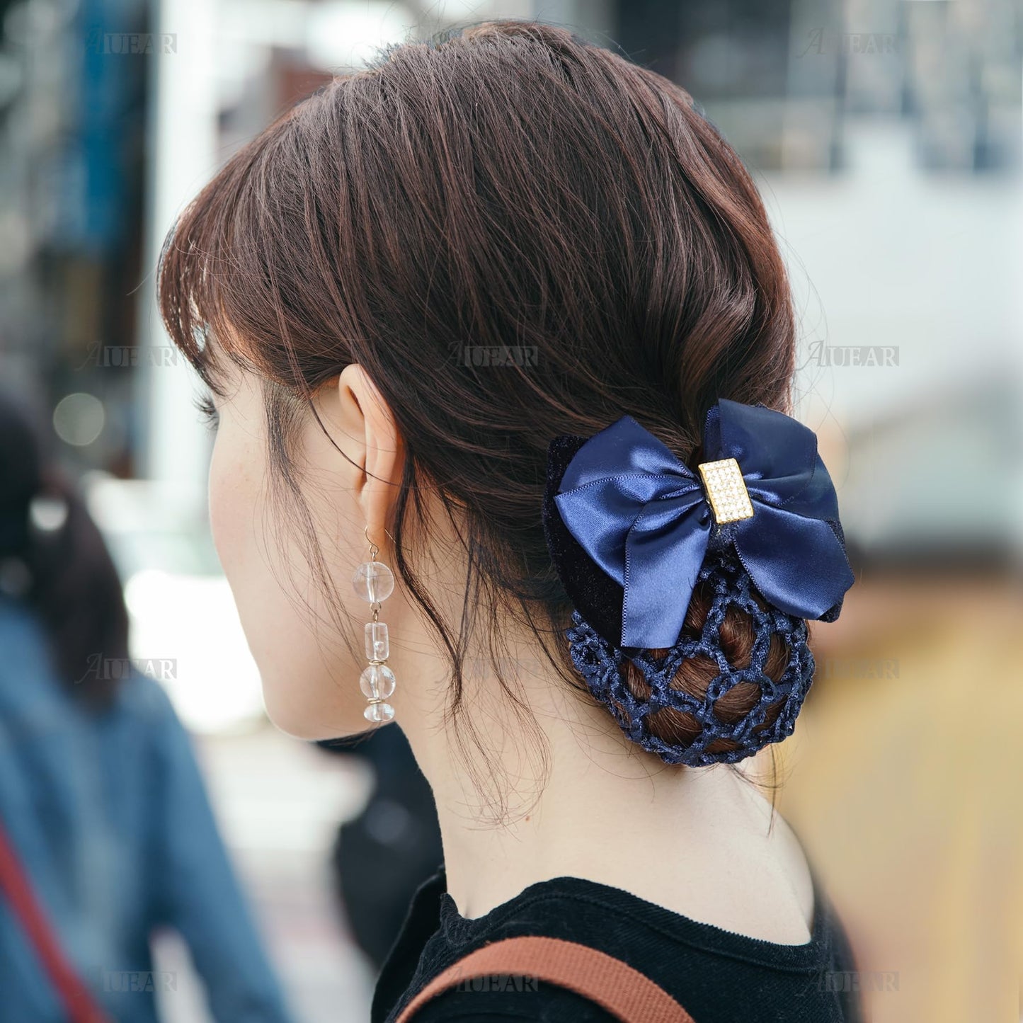 AUEAR, 4 Pcs Satin Hair Bow with Snood Net Barrette Bowknot Clip Bun Cover Hairnets for Women Beauty & Personal Care AUEAR